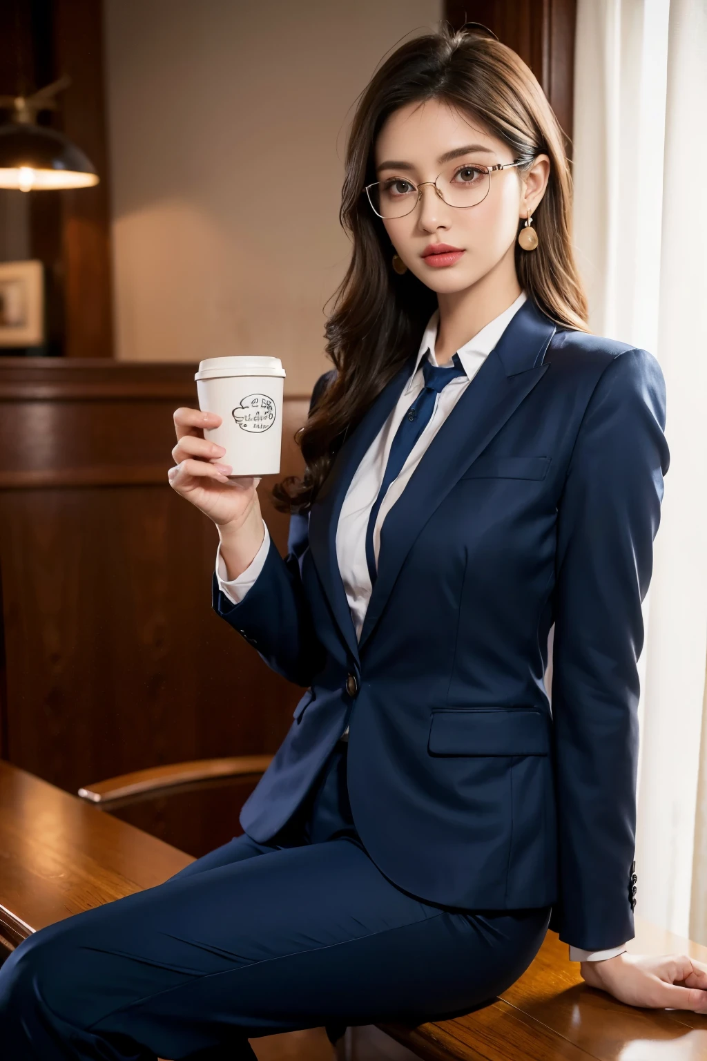 (super detailed, 8k, RAW photo, highest quality), High-definition RAW color photo, professional photos, (realistic, photo-realistic:1.37),Supermodel, 23 years old、 ((In a well-tailored suit)), With a pair of slim heels, Show elegance and confidence, office,computer、 drinking coffee, eyes staring at the camera, coffee cup in hand, curly hair, rimmed glasses, long eyelashes, amber eyes, crystal earrings, parted lips,