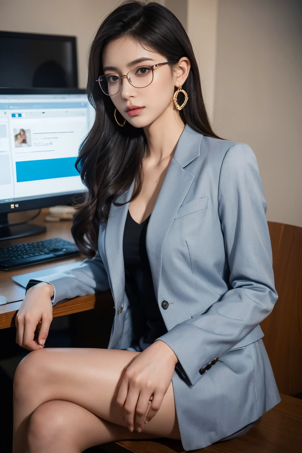 (super detailed, 8k, RAW photo, highest quality), High-definition RAW color photo, professional photos, (realistic, photo-realistic:1.37),Supermodel, 23 years old、 ((In a well-tailored suit)), With a pair of slim heels, Show elegance and confidence, office,computer、 drinking coffee, eyes staring at the camera, coffee cup in hand, curly hair, rimmed glasses, long eyelashes, amber eyes, crystal earrings, parted lips,