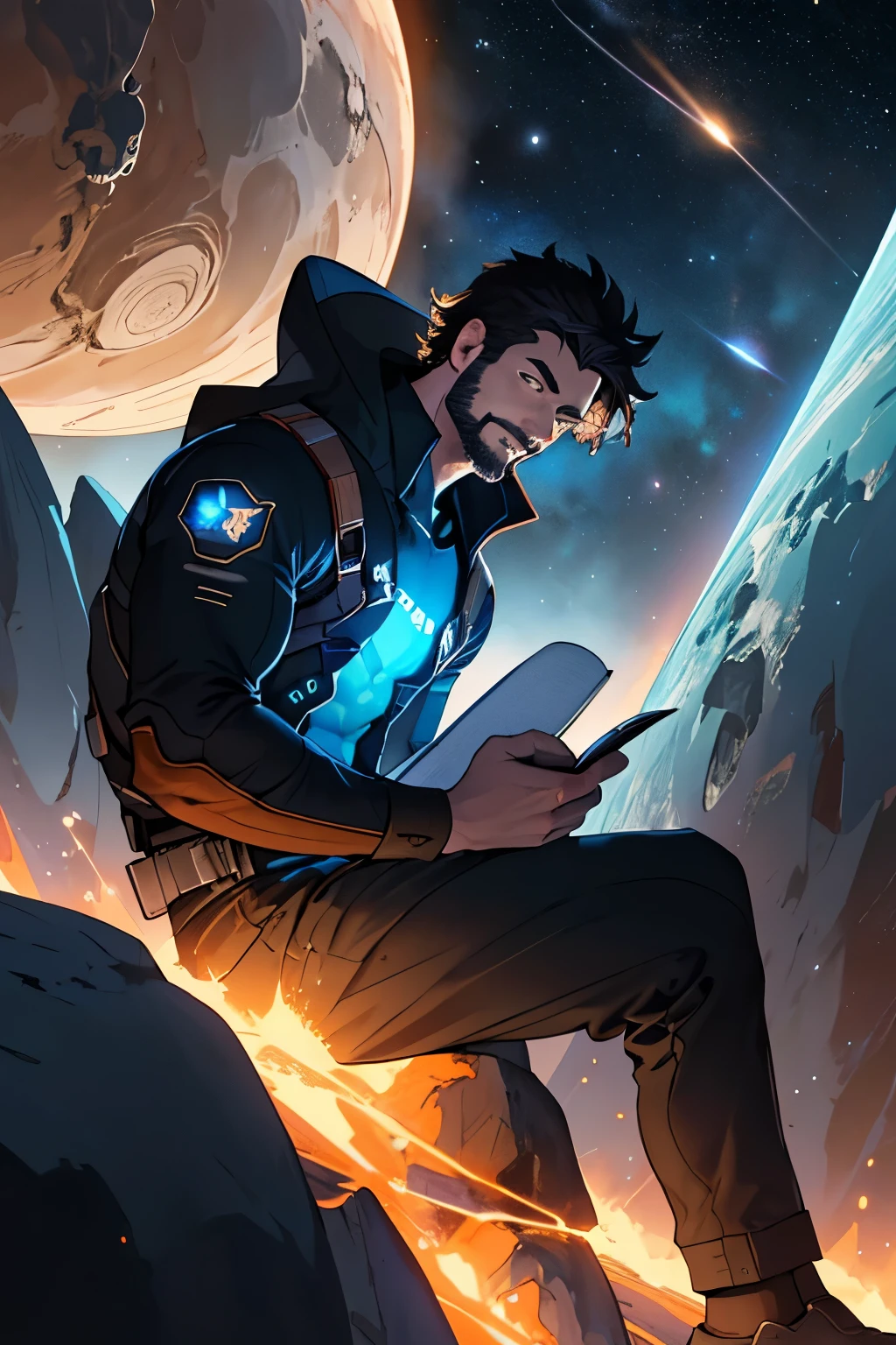 Draw a young programmer, sitting on a research platform floating in the middle of an asteroid belt. He is studying with a notebook, surrounded by several asteroids glowing with fiery auras. Dramatic lighting from distant stars and planets illuminates the scene, casting deep shadows on the suit. The young man looks confident and determined, looking at the vast and mysterious universe with wonder and respect,facial hair, cowboy shot,