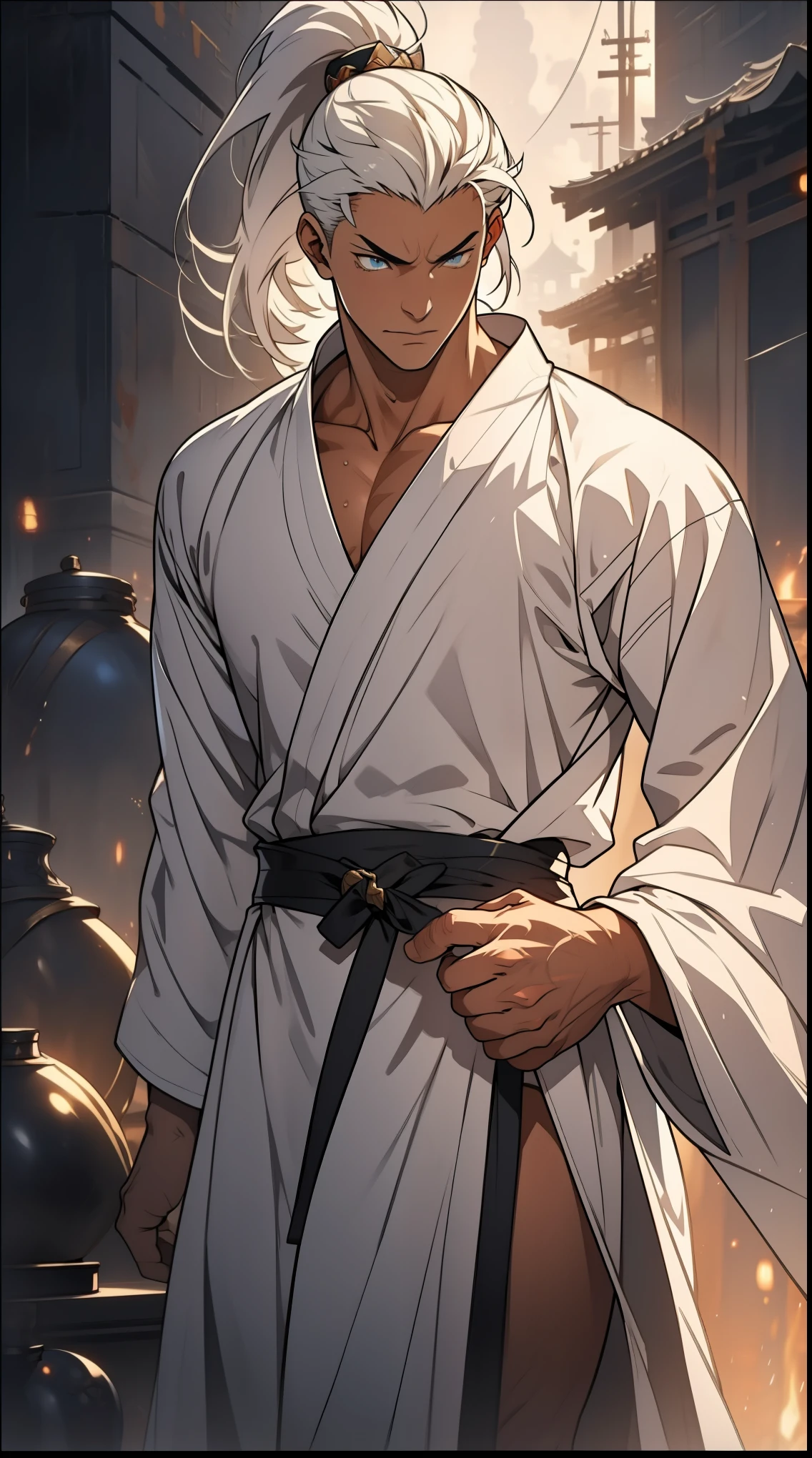 two-dimensional,anime style,one person(male warrior),Correct proportions,facial details,swordsman,high ponytail hairstyle,neck detail,There is an Adam'apple,white robe,joke,white robe,clothing details,transfer,long sleeves,Game quality,fencing,Ray tracing,Ray tracing,Detailed glow,CG rendering,hair details,long white hair,blue eyes,Handsome,Handsome,(feeling of youth),Costumes are complicated,perfect composition,refine,high quality,More details,complex background,a sense of atmosphere,