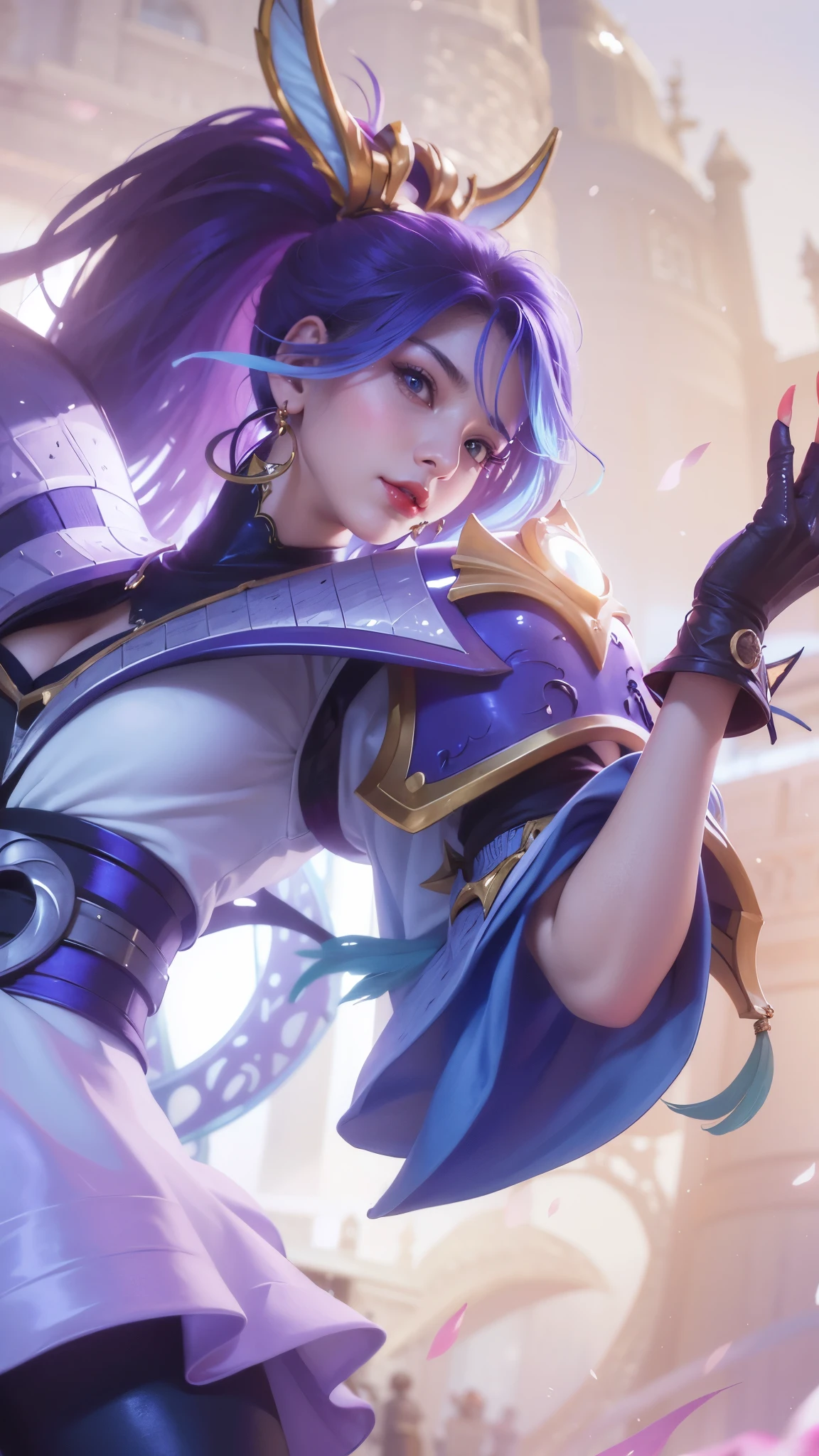 (female:1.2), 8k, ultra hd, ultra detailed texture, hyper realistic, masterpiece, detailed texture, detailed face, detailed skin, detailed lighting, (photorealistic:1.5), best quality, beautiful lighting, cinematic lighting, professional lighting, ultra highres, realistic, detailed hair, real hair, high quality, (realskin:1.5), extremely detailed, finely detail, ultra-detailed, 1girl, solo, elf, pointy ears, standing, demon horns, forehead protector, v-shapped eyebrow, lips, red lips, evil smile, nose, make up, pretty, beautiful, cute face, long hair, black hair, high ponytail, large breasts, cleavage, armpit, navel, stomach, black armor, pauldrons, bare shoulders, shoulder armor, thigh high, sleevless, detached sleeves, breastplate, gauntlets, karina \(mobile legends\), depth of field, looking aways, white skin, skin tight, amazing pose, outdoors, glowing, dark view.
