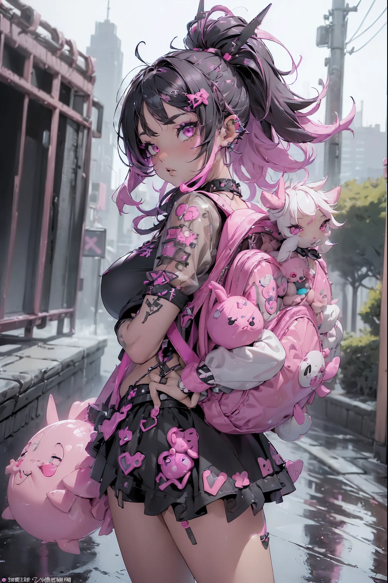 (highest quality、8k、32K、masterpiece、nffsw:1.3)、(Photoreal:1.4),((shoot from front,looking at viewer,(fullbody:1.5),)),((18-year-old punk girl,eccentric punk hair:1.3)),((pink and black punk fashion、flared mini skirt、micro bikini:1.5))、((Holding a stuffed rabbit:1.5))、clothes with studs、((holding a pink electric guitar in his right hand:1.5))、backpack on the back、（bright black and pink hair:1.5）,Wacky makeup、Desolate city in the rain,puddle on the road、(cinematic lighting)、Depth of the bounds written,blurred background、