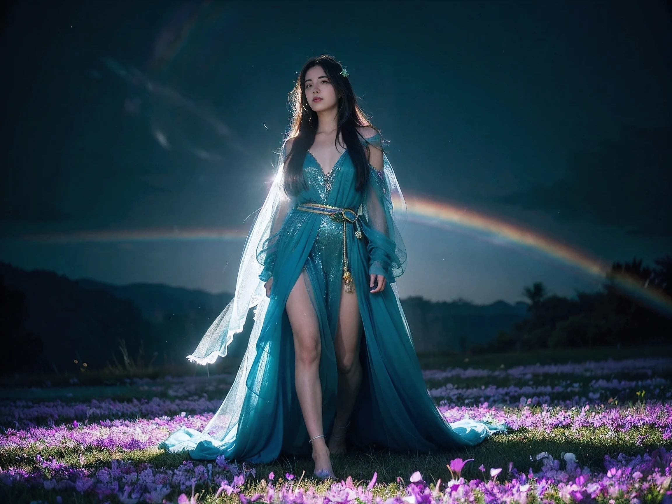Realistic photography, 8k ,A beautiful and magical elemental girl with long flowing hair., Ethereal spiritual clothing, Walking through a field of crystal flowers amidst the dark rainbow moonlight, the flowers glowed brightly.