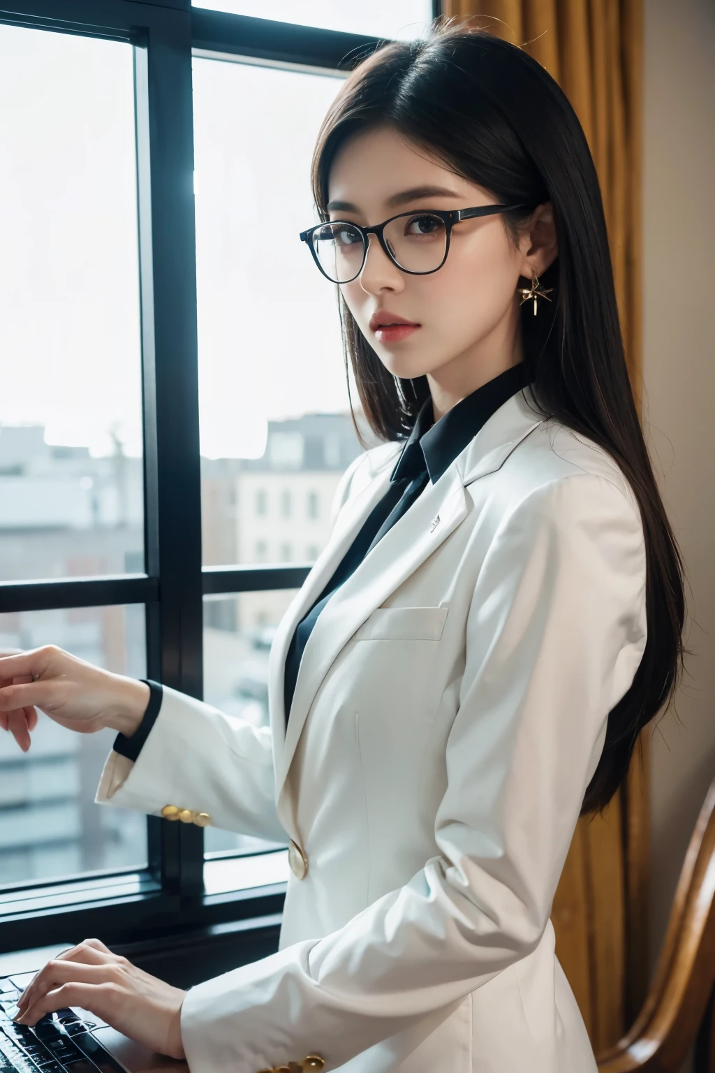 (super detailed, 8k, RAW photo, highest quality), High-definition RAW color photo, professional photos, (realistic, photo-realistic:1.37),Supermodel, 23 years old、 ((In a well-tailored suit)), With a pair of slim heels, Show elegance and confidence, office,computer、eyes staring at the camera,shortcut、 rimmed glasses, long eyelashes, amber eyes, crystal earrings, parted lips,