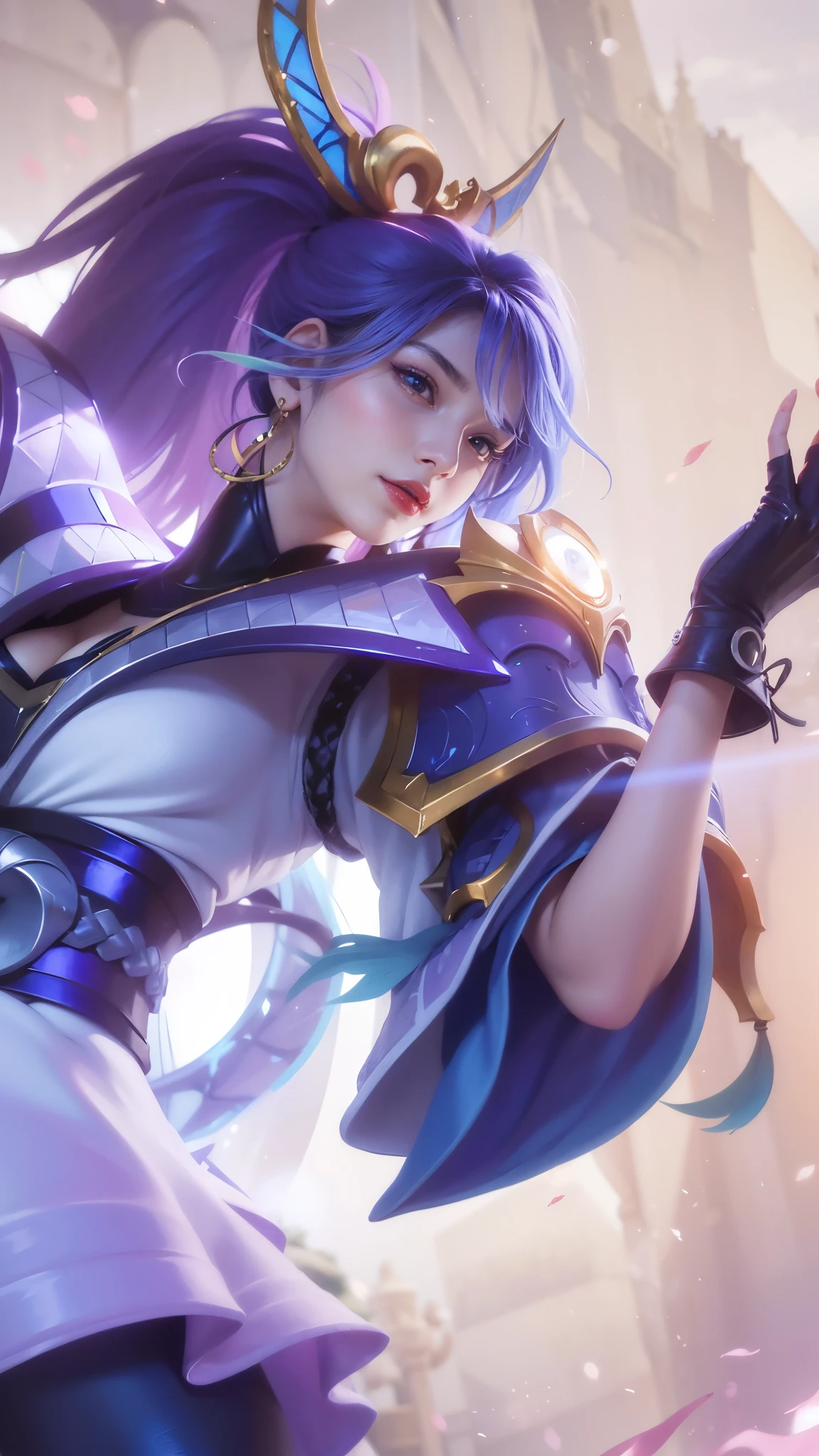 (female:1.2), 8k, ultra hd, ultra detailed texture, hyper realistic, masterpiece, detailed texture, detailed face, detailed skin, detailed lighting, (photorealistic:1.5), best quality, beautiful lighting, cinematic lighting, professional lighting, ultra highres, realistic, detailed hair, real hair, high quality, (realskin:1.5), extremely detailed, finely detail, ultra-detailed, 1girl, solo, elf, pointy ears, standing, demon horns, forehead protector, v-shapped eyebrow, lips, red lips, evil smile, nose, make up, pretty, beautiful, cute face, long hair, black hair, high ponytail, large breasts, cleavage, armpit, navel, stomach, black armor, pauldrons, bare shoulders, shoulder armor, thigh high, sleevless, detached sleeves, breastplate, gauntlets, karina \(mobile legends\), depth of field, looking aways, white skin, skin tight, amazing pose, outdoors, glowing, dark view.