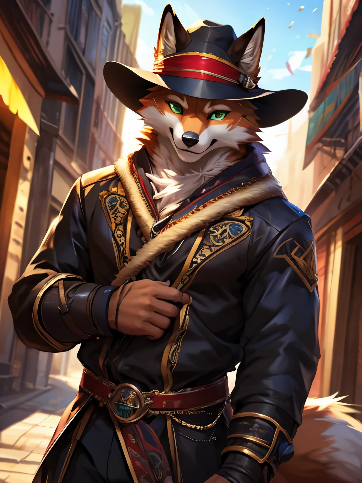 posted on e621, (by Chunie), male, Wolf anthro, solo, light green eyes, (Realistic eye details 1.2), anime character with a hat and a jacket holding a green frisbee, fox nobushi, anthropomorphic shiba inu, pixiv, sfw version, at pixiv, pixiv 3dcg, anthropomorphic fox, an anthropomorphic fox, very very beautiful furry art, pixiv contest winner, zerochan art, sly smile, slim body, full body like, muscular, in a panoramic view, masterpiece, Abstract beauty, ultra detailed face, depth of field, motion blur, high details, high quality, award winning, HD, 16k, (best quality,4k,8k,highres,masterpiece:1.2),ultra-detailed,realistic:1.37,HDR,UHD,studio lighting,extreme detail description,professional,vivid colors,bokeh,lively atmosphere, natural lighting