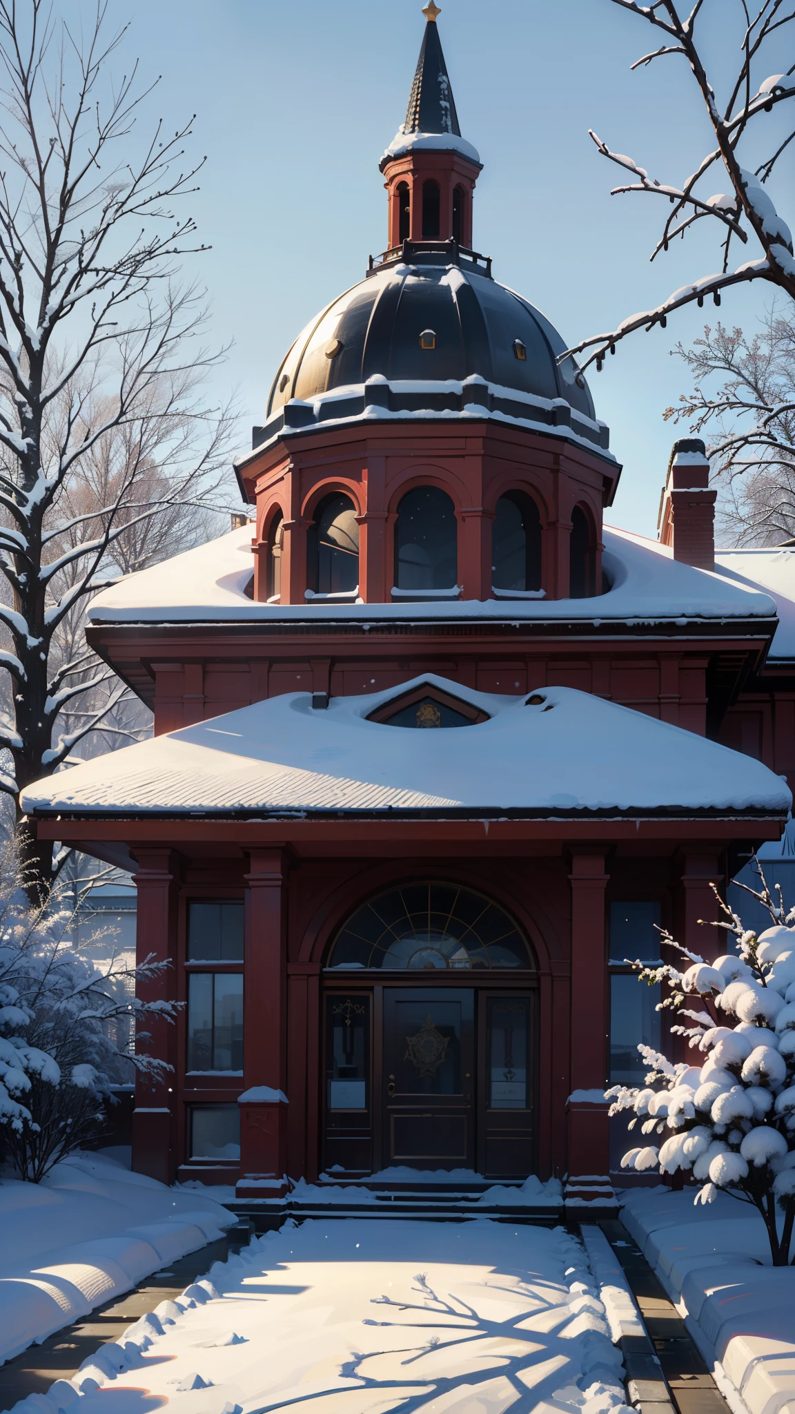 (best quality,4k,8k,highres,masterpiece:1.2),ultra-detailed,realistic:1.37, O Kremlin Branco, snowy landscape, monumental architecture, majestic domes, intricate carvings, golden shimmer, grand entrance, icy river, snow-capped trees, gentle snowfall, winte...