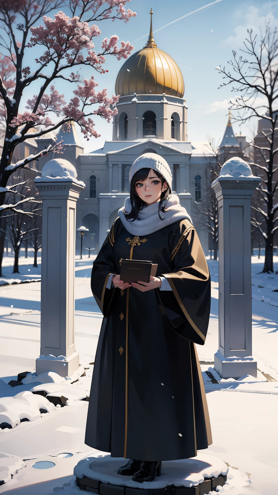 (best quality,4k,8k,highres,masterpiece:1.2),ultra-detailed,realistic:1.37, O Kremlin Branco, snowy landscape, monumental architecture, majestic domes, intricate carvings, golden shimmer, grand entrance, icy river, snow-capped trees, gentle snowfall, winte...