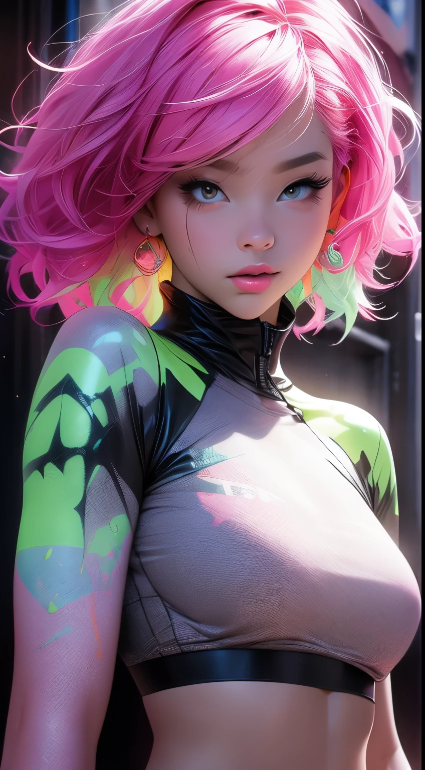 (Graffiti paint splashes, pink hair),colorful nipples,The color of the glow,lamplight,the girl,Look at the camera,Slim thick curvy Girl,tank torn skinny jeans, tattoo sleeves and piercings,accentuated super huge enormously gigantic tits, Cleavage showing, sexy seductive slutty pose, full body portrait, Against the wall,big round eyes,Cutes,
