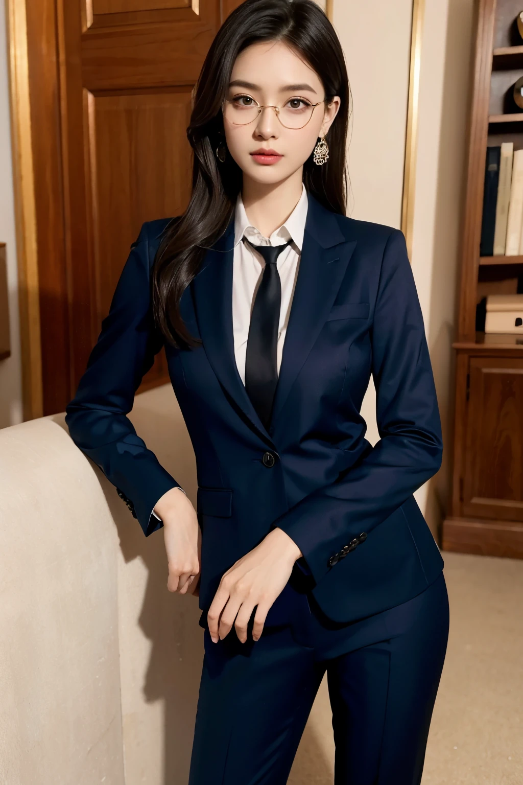 (super detailed, 8k, RAW photo, highest quality), High-definition RAW color photo, professional photos, (realistic, photo-realistic:1.37),Supermodel, 23 years old、 ((In a well-tailored suit)), With a pair of slim heels, Show elegance and confidence, office,computer、eyes staring at the camera,shortcut、 rimmed glasses, long eyelashes, amber eyes, crystal earrings, parted lips, 