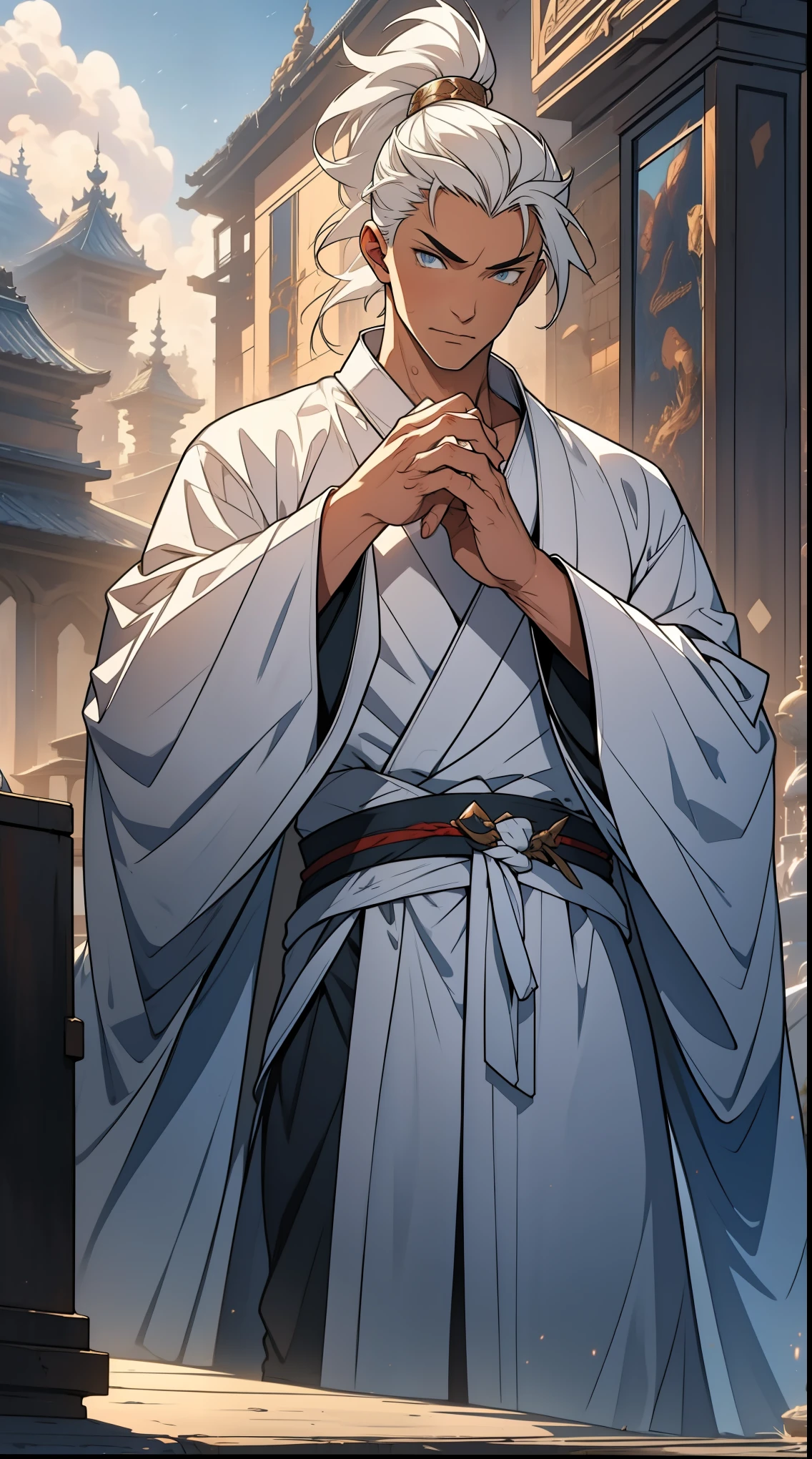 two-dimensional,anime style,one person(male warrior),Correct proportions,facial details,swordsman,high ponytail hairstyle,neck detail,There is an Adam'apple,white robe,joke,white robe,clothing details,transfer,long sleeves,Game quality,fencing,Ray tracing,Ray tracing,Detailed glow,CG rendering,hair details,long white hair,blue eyes,Handsome,Handsome,(feeling of youth),Costumes are complicated,perfect composition,refine,high quality,More details,complex background,a sense of atmosphere,