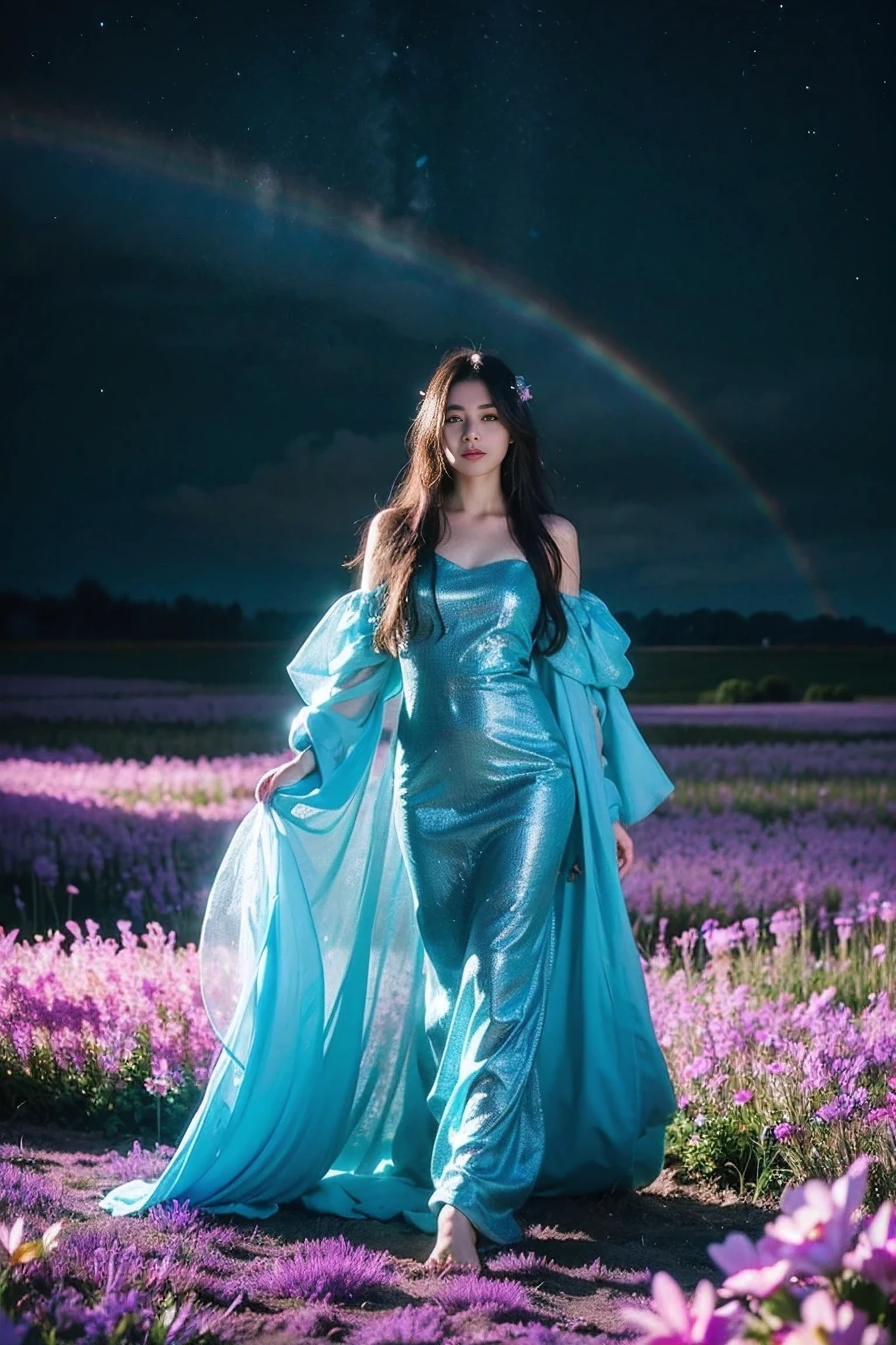 Realistic photography, 8k ,A beautiful and magical elemental girl with long flowing hair., Ethereal spiritual clothing, Walking through a field of crystal flowers amidst the dark rainbow moonlight, the flowers glowed brightly.