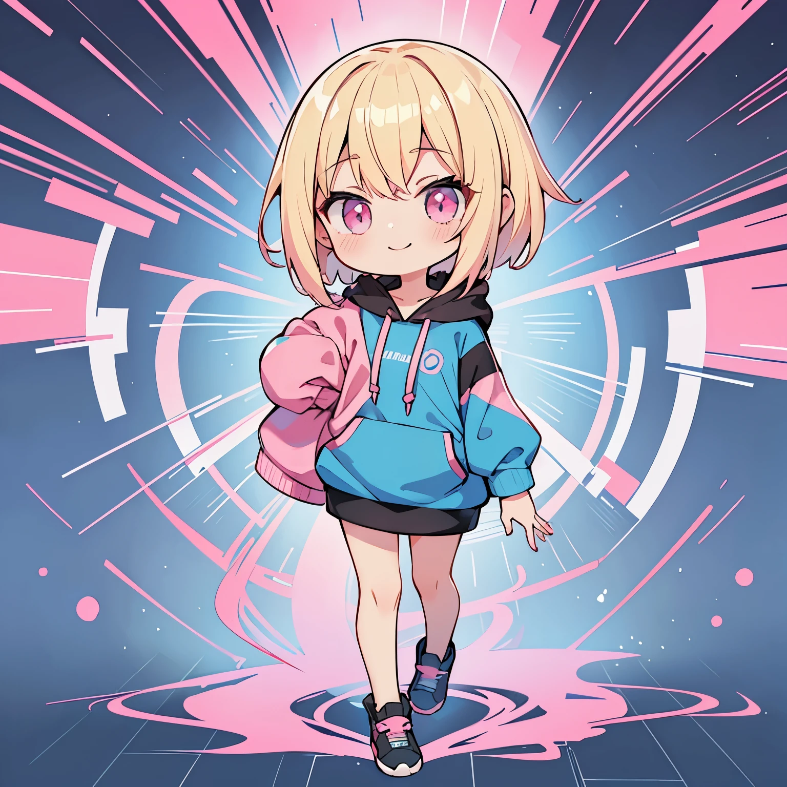 blonde girl with short cut),(((black, pink and blue hoodie))),pink eyes,open your mouth, A sluggish smile, Full body Esbian,(Little),(solo),(Highest image quality, In 8K, masterpiece, super detail),(blue cyber background)