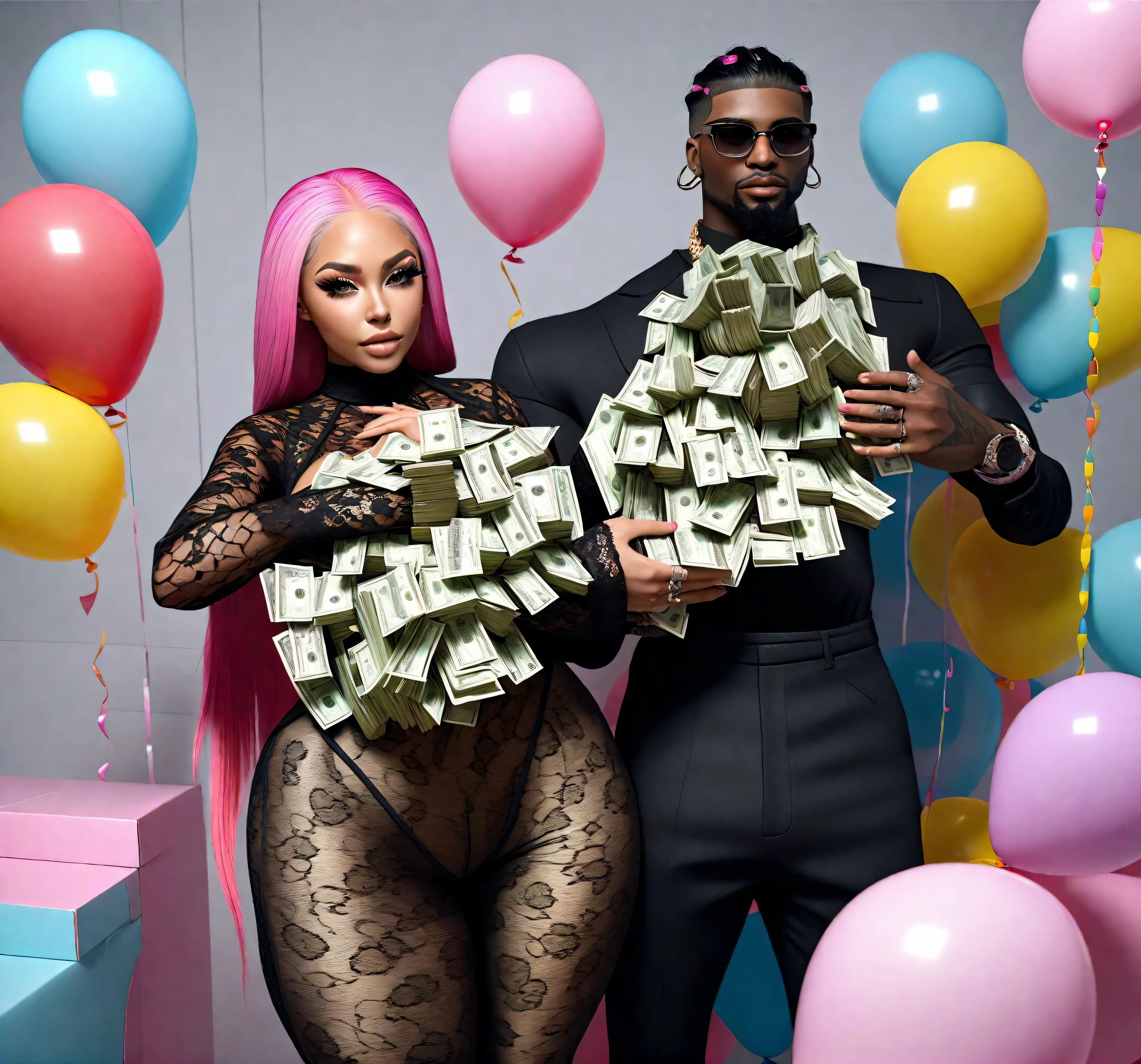 there is a man and woman standing next to each other, imvu, holding a bunch of dollar bill stacks, doja cat, second life avatar, inspired, black lace bodysuit, black pants, corn rows, pink hair (daz3d, daz 3d, daz 3 d, balloons, at the party, photorealistic, photo, masterpiece, realistic, realism, photorealism, high contrast, photorealistic digital art trending on Artstation 8k HD high definition detailed realistic, detailed, skin texture, hyper detailed, realistic skin texture, armature, best quality, ultra high res, (photorealistic:1.4),, high resolution, detailed, raw photo, sharp re, by lee jeffries nikon d850 film stock photograph 4 kodak portra 400 camera f1.6 lens rich colors hyper realistic lifelike texture dramatic lighting unrealengine trending on artstation cinestill 800)
