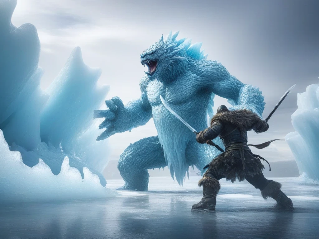 A mighty warrior fights an ice monster among the ice.