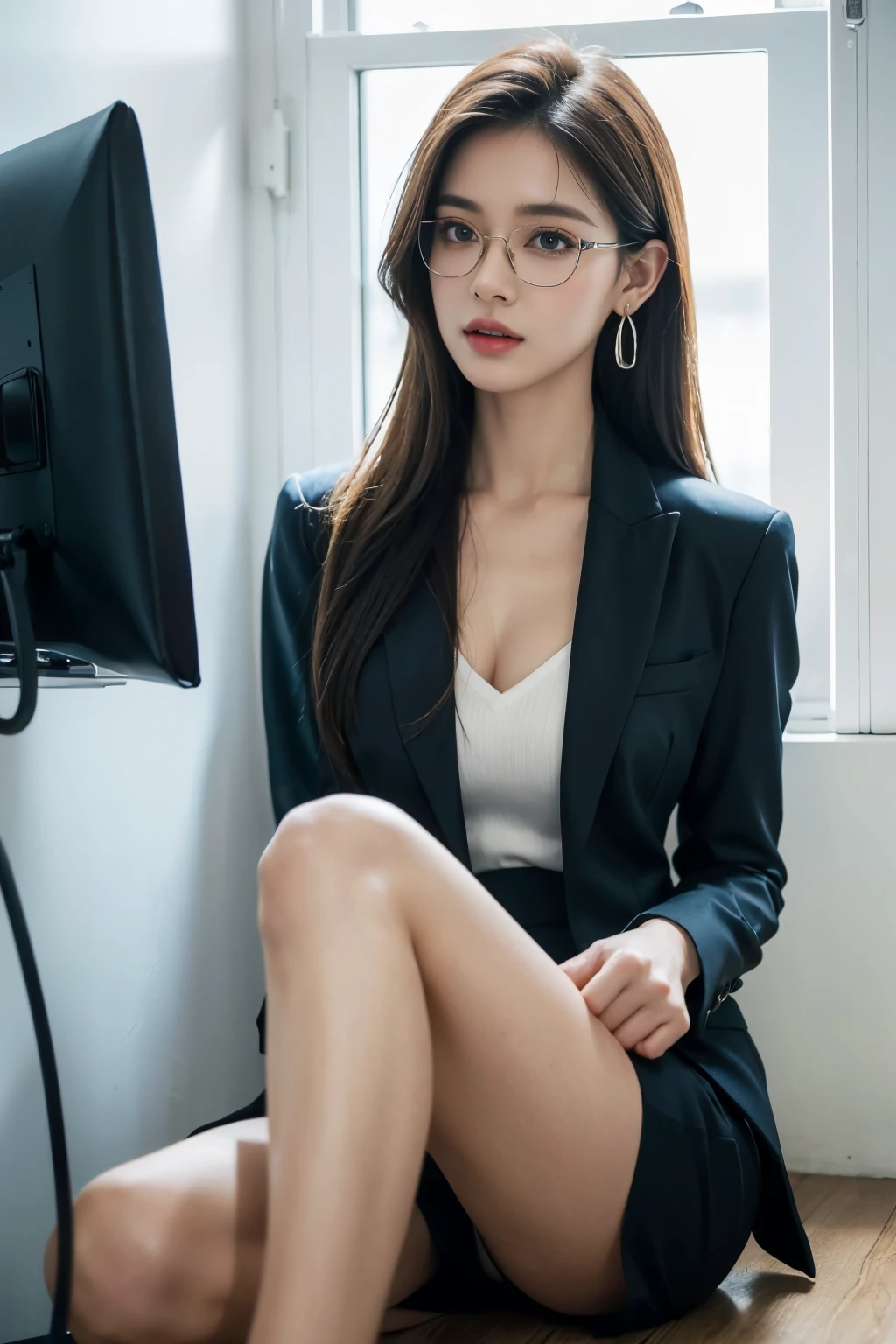 (super detailed, 8k, RAW photo, highest quality), High-definition RAW color photo, professional photos, (realistic, photo-realistic:1.37),Supermodel, 23 years old、 ((In a well-tailored suit)), With a pair of slim heels, Show elegance and confidence, office,computer、eyes staring at the camera,shortcut、 rimmed glasses, long eyelashes, amber eyes, crystal earrings, parted lips,