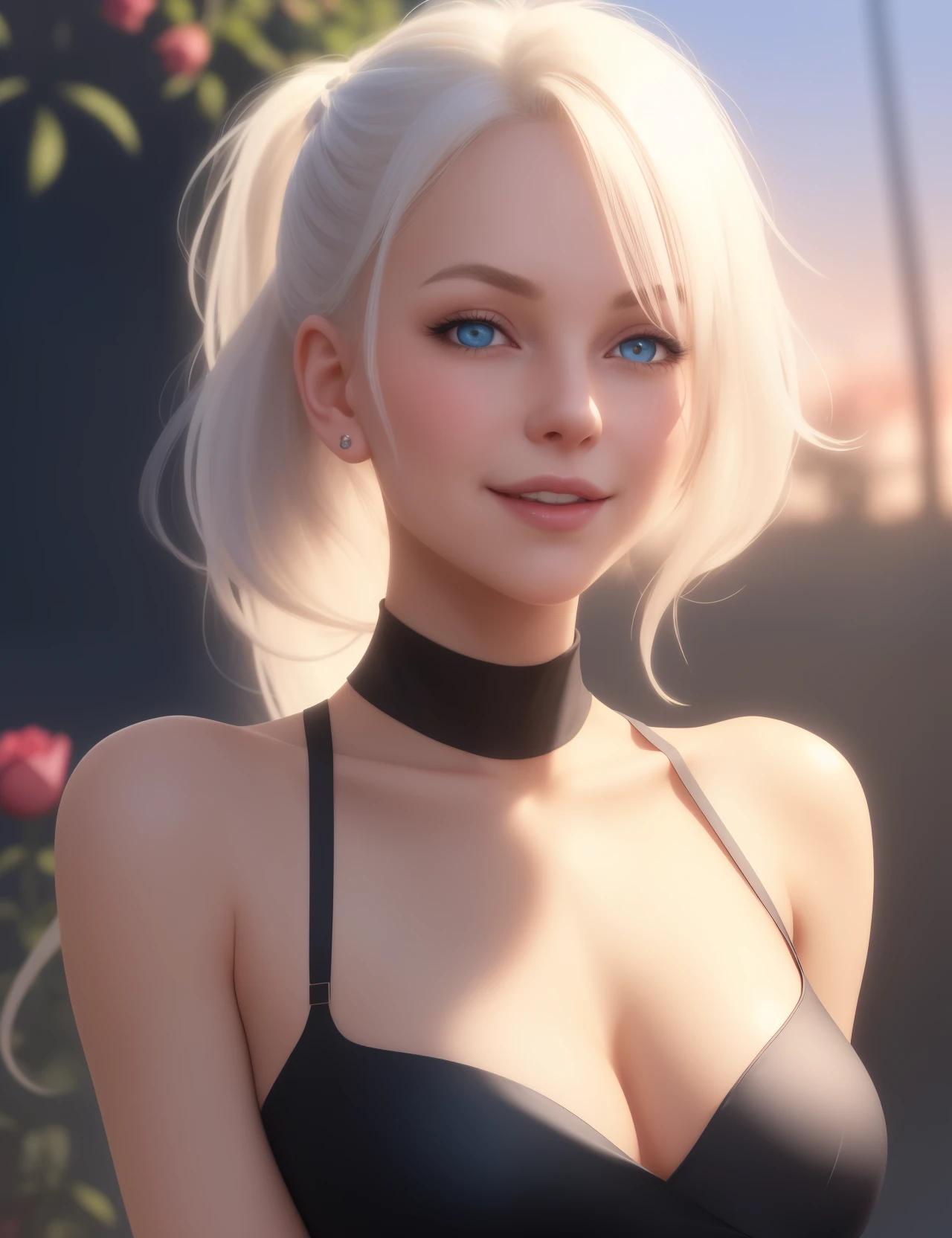 realistic, 1girl, ponytail, parted lips, blush, makeup, light smile, white hair, glow, thighs, (blue eye), (medium breasts), (perfect body), bare shoulders, wear black dress, collarbone, narrow waist, sunbeam, sunlight, rose, wind, cleavage, (masterpiece), sweat