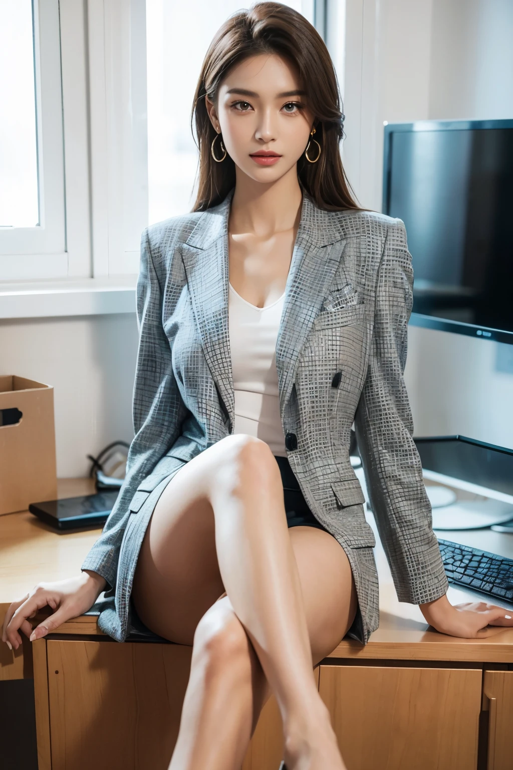 (super detailed, 8k, RAW photo, highest quality), High-definition RAW color photo, professional photos, (realistic, photo-realistic:1.37),Supermodel, 23 years old、 ((In a well-tailored suit)), With a pair of slim heels, Show elegance and confidence, office,computer、eyes staring at the camera,shortcut、 rimmed glasses, long eyelashes, amber eyes, crystal earrings, parted lips,