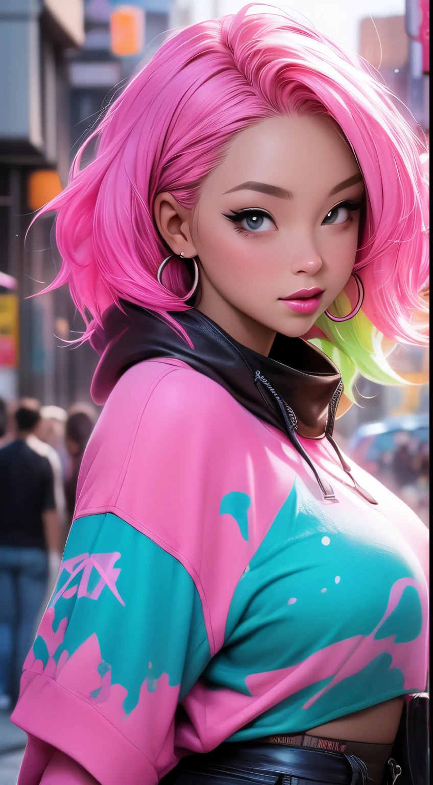 (Best quality), (masterpiece), (realistic) and ultra-Detailed photo of cute 1 nerdy girl in futuristic neon headphones with plastic fox ears on them, She has a (fluffy pink hair), is wearing an leather (unbuttoned) pink-Black racing jacket on a naked body, leather tight shorts,  and exudes a ((beautiful and aesthetic)) vibe, ((huge open erect tits)), (erect nippleslips) , open chest, open tummy, sexy body , detailed pupils and iris of eyes, long eyelashes, Embarrassed and lustful smile,ctmp