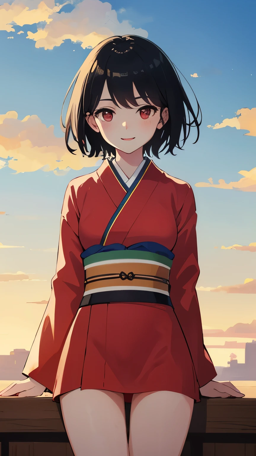 young girl black hair short hair red eyes irreverent face look down thin body thin thighs small breasts small ass toned body blue sky cloud hair blowing in the wind high quality High resolution 8K sitting vampire watercolor natural feel Asakusa freckleartial arts ((最high quality)), ((masterpiece)), (become familiar with), look at me and smile, red light district kimono