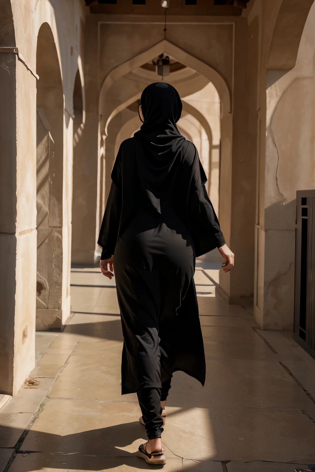 Hood and Veil Covering the Face: The centerpiece is a hood that completely envelops the face, revelando apenas os olhos. A subtle veil, adorned with spider web-inspired patterns, cobre a parte inferior do rosto, creating an air of mystery.

Long and Wide Jumpsuit: A long, roomy jumpsuit, made from a soft, fluid fabric in a dark tone, cobre todo o corpo, providing a slim and enigmatic silhouette. The design is minimalist, com poucos detalhes para manter a sobriedade.

Mangas Longas e Largas: Long, wide sleeves fall elegantly from the shoulders to the wrists, adding a dramatic touch to the outfit. Detalhes em teia de aranha, discretos e escurecidos, are incorporated into the sleeves.

Palazzo Pants with Web Details: Wide palazzo pants, que cobrem as pernas completamente, add an element of austere sophistication. Details in spider web patterns are present on the sides, trazendo uma subtil complexidade ao visual.

Botas Longas com Detalhes Minimalistas: Botas longas, combinando com o tom da roupa, adicionam uma continuidade ao conjunto. Detalhes minimalistas e sutis, such as dark zips or small references to the spider&#39;s anatomy, are incorporated.

Luvas Longas com Dedos Cobertos: Luvas longas, cobrindo completamente os dedos, complementam o visual, maintaining the austere and less sensual aesthetic. Spider web details are discreetly embroidered on the back of the hands.

Cinto Largo e Simples: Um cinto largo, simples e escuro, highlights the waist without attracting too much attention. It provides a touch of austerity to clothes.

Dramatic and Elegant Makeup: Makeup highlights the eyes in an intense and dramatic way, com sombras escuras e delineador, enhancing the mysterious atmosphere.

O "Arachnid Tenebrous Veil" is a play that involves the person in a dark mystery, prioritizing an austere and less sensual aesthetic, while still maintaining the intrinsic inspiration in spiders. This outfit is an example of enigmatic elegance, projetada para transmitir u