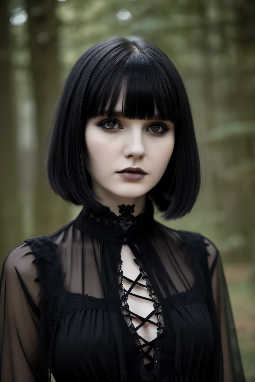 white woman, pretty woman, pretty face, delicate face, pale skin, black hair, gothic, gothic woman, pretty gothic woman, gothic makeup, short bangs, short bangs hair, gothic short bangs, long hair, long hair and short bangs, 18 years old, 18 years old woman, gothic dark makeup