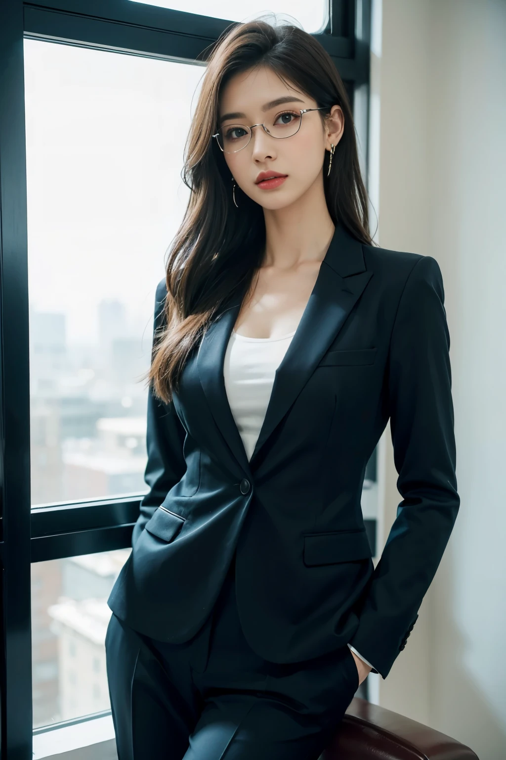 (super detailed, 8k, RAW photo, highest quality), High-definition RAW color photo, professional photos, (realistic, photo-realistic:1.37),Supermodel, 23 years old、 ((In a well-tailored suit)), With a pair of slim heels, Show elegance and confidence, office,computer、eyes staring at the camera,shortcut、 rimmed glasses, long eyelashes, amber eyes, crystal earrings, parted lips,