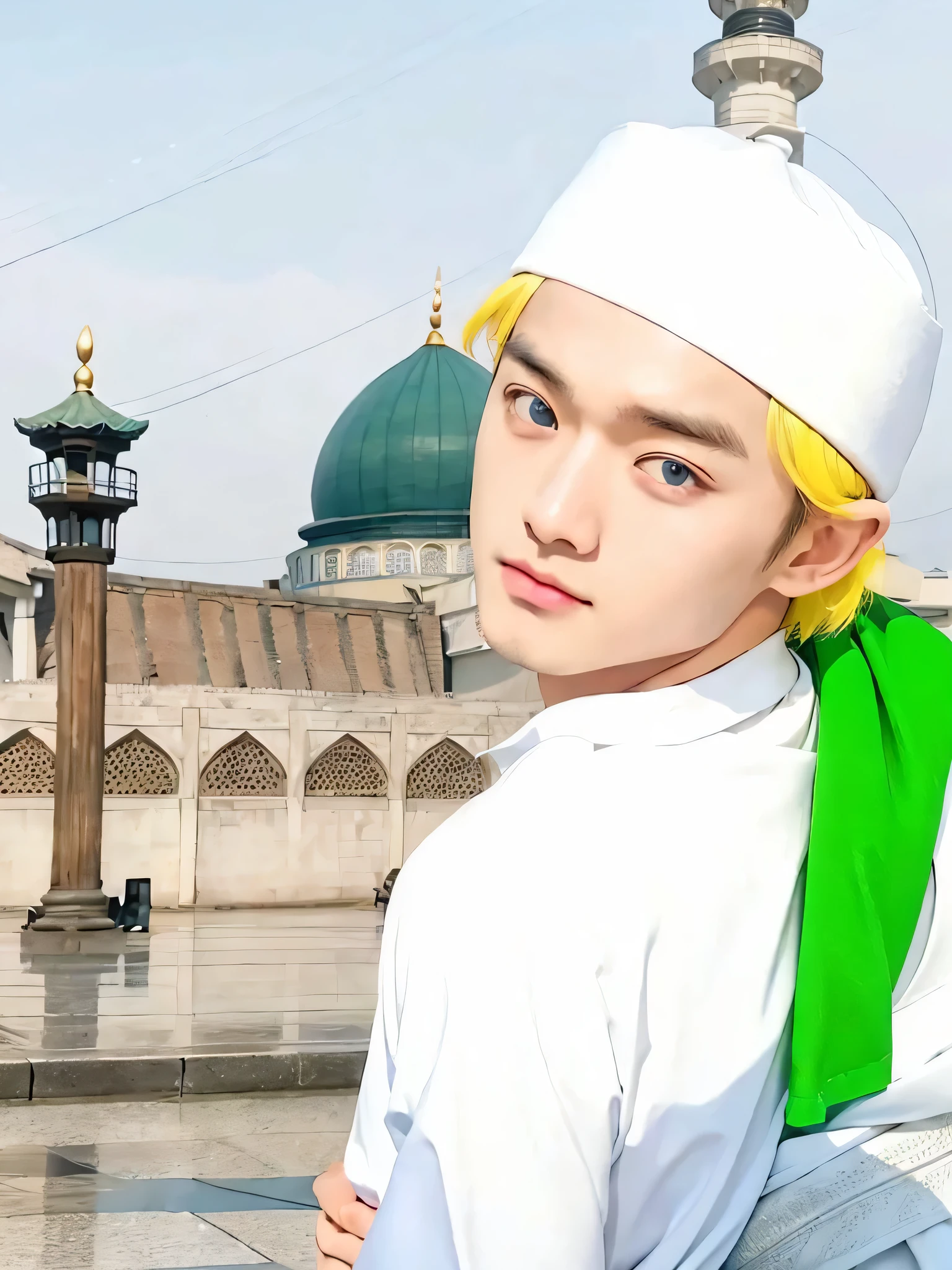 Real life adaption of this character, korean young handsome face man,same yellow hair,wear white cap,wear green sarong on shoulder,blue eyes,realistic same white outfit,normal neck ,same glasses,realistic same mosque background, realistic light, realistic shadow, realism, hyper realistic, (photorealistic:1.2), realistic small eyes
