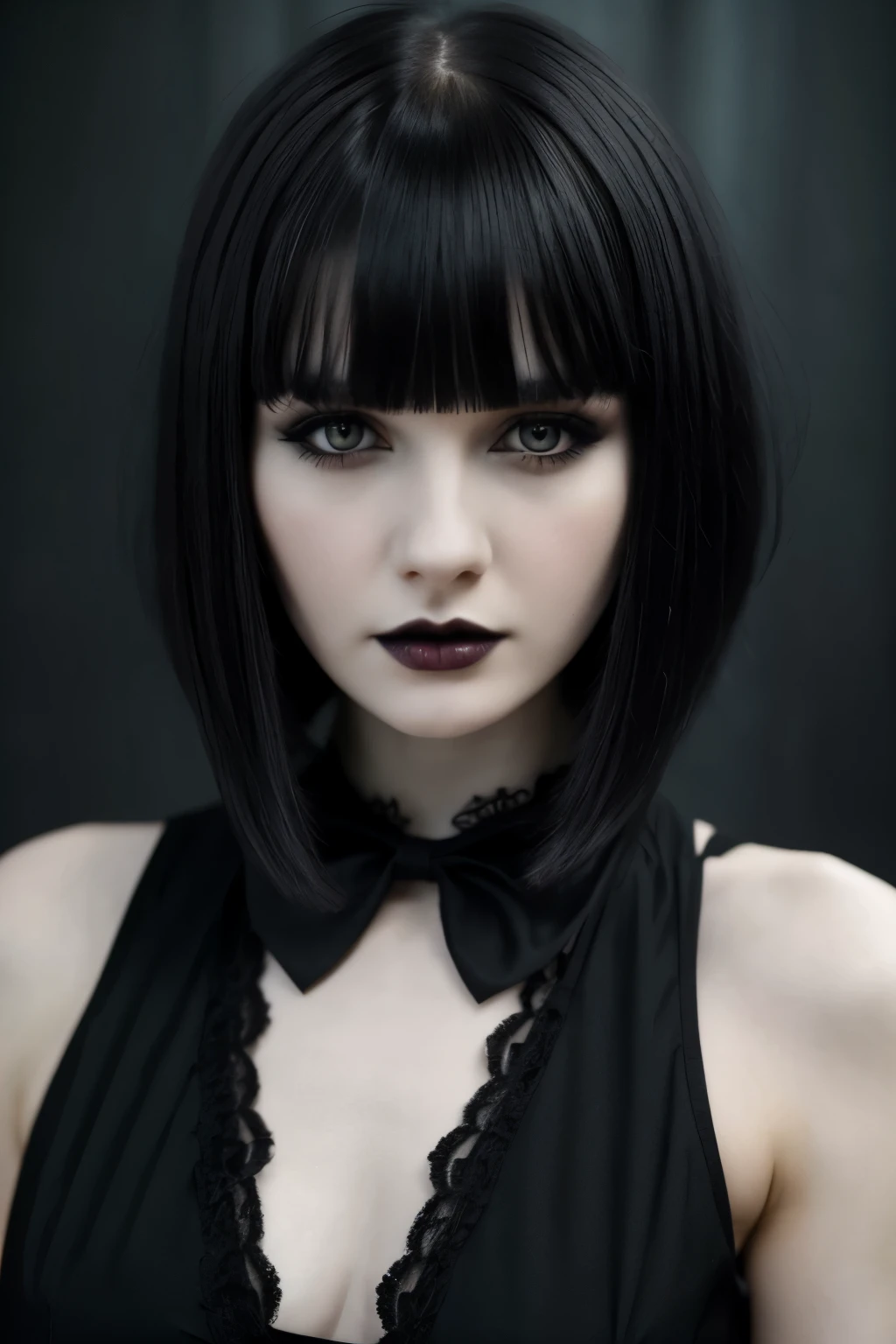 white woman, pretty woman, pretty face, delicate face, pale skin, black hair, gothic, gothic woman, pretty gothic woman, gothic makeup, short bangs, short bangs hair, gothic short bangs, long hair, long hair and short bangs, 18 years old, 18 years old woman, gothic dark makeup