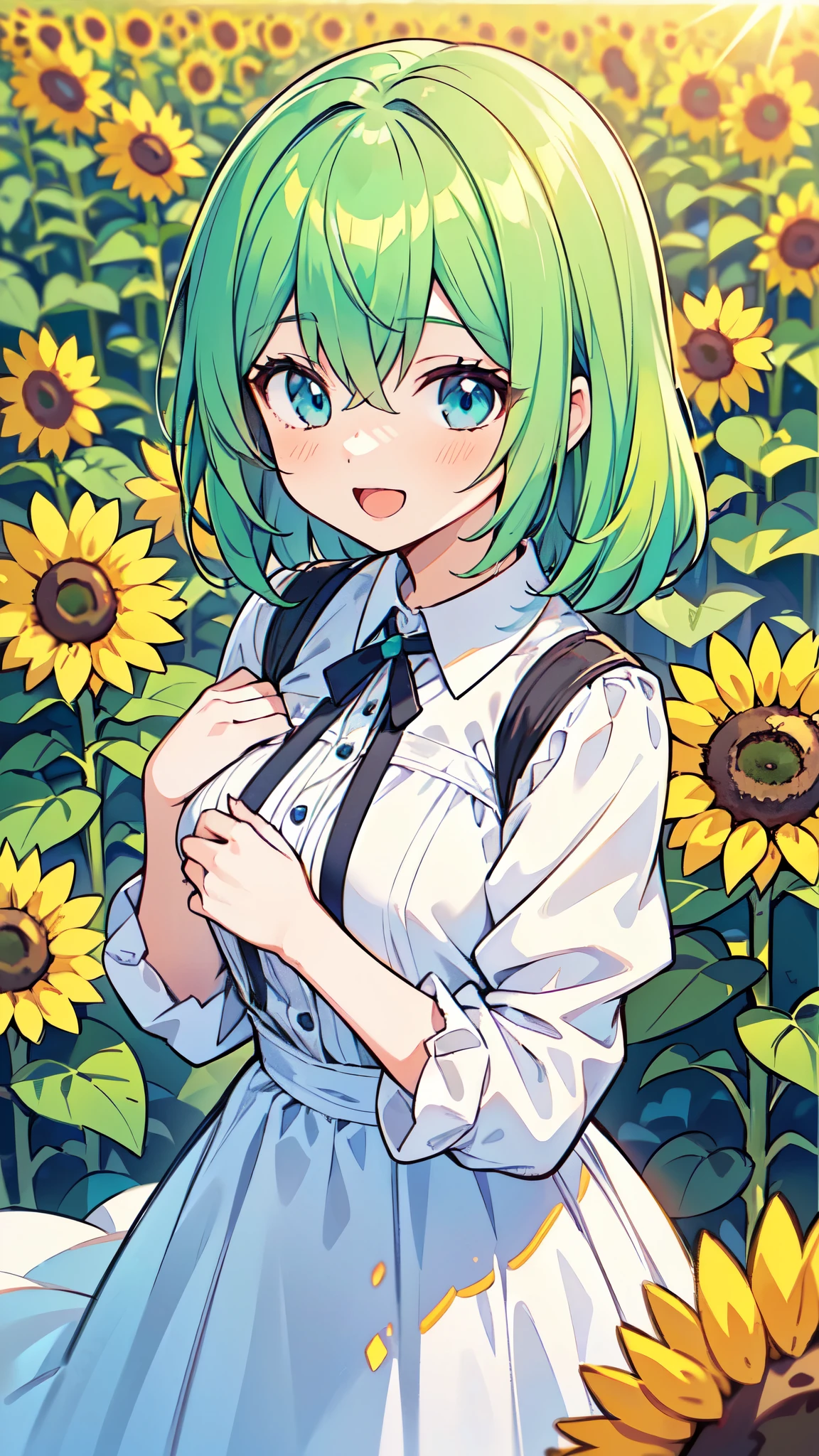 ((A Pretty girl with green hair and blue eyes)), ((wearing white dress)), Baby face, ((top-quality, master piece, ultra-definition, high resolution)), anime girl, ((ultra-detailed illust:1.2)), only one person, bangs, hair between eye, beautiful hair, Shiny eyes, Medium breasts, Big smile, opened mouth, in the sunflower field