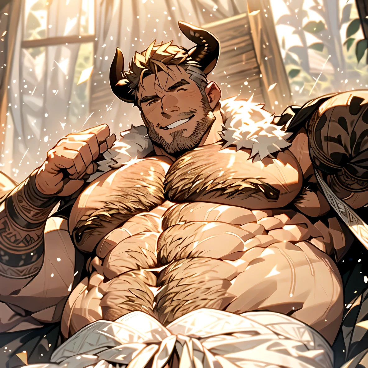 burly, Brown blonde hair， middle-aged man，topless, muscular, Large pecs, Wearing a gray happy cloak，he has horns，lol，He has cow ears，Sexy