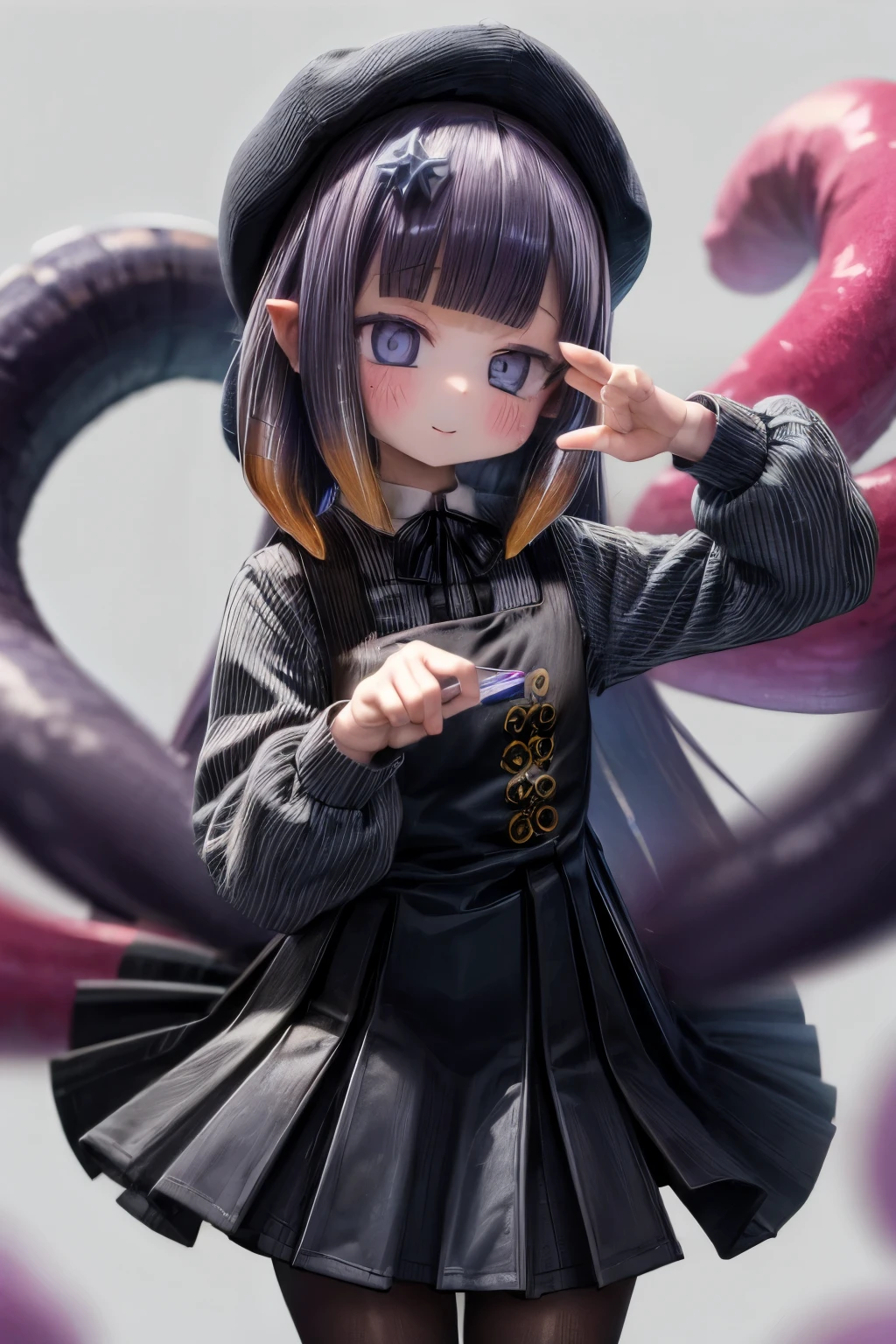 ((Ninomae Ina'niasterpiece)), ((Masterpiece)), (Anime:1.3), ((best quality)), (RAW photo: 1.2), (High Definition:1.3), (Professional Photography:1.2), 1 girl, (Beautiful eyes), Bright smile, (cool pose), (Flat chest), Colorful hair, Big eyes, (inapainter), (pinafore dress), beret, (pantyhose), BREAK, ((Masterpiece)), ((best quality)), (watercolor painting backgrounds:1.3),