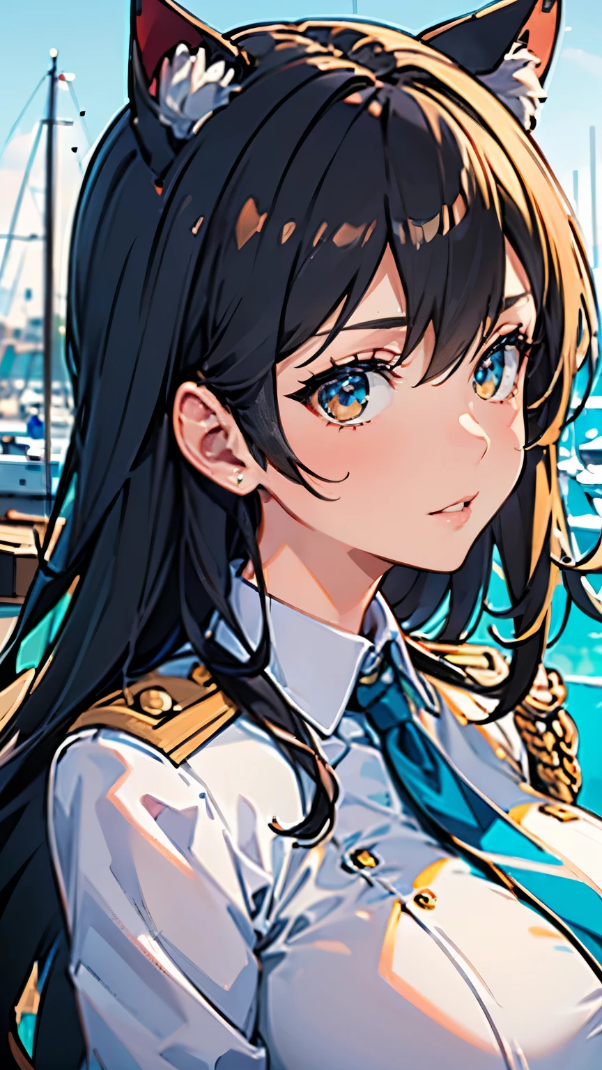 (masterpiece, best quality, RAW photo, intricate details) portrait, closeup, headshot, 1girl / Atago / medium dark hair, amber eyes, cat ears, huge breasts:1.6, ((wearing white admirals uniform)), bokeh, harbour background, blue sky, Azur lane, admiralty, service medals:1.8, epaulettes