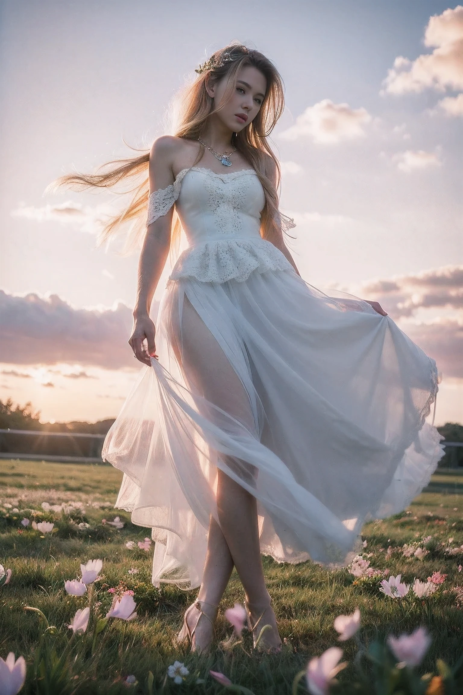 Realistic photography, 8k ,A beautiful and magical elemental girl with long flowing hair., Ethereal spiritual clothing, Walking through a field of crystal flowers amidst the dark rainbow moonlight, the flowers glowed brightly.