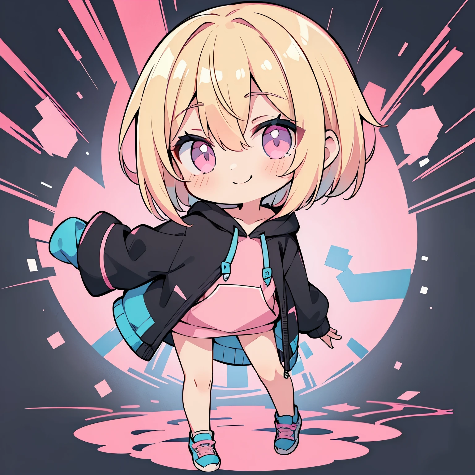 blonde girl with short cut),(((black, pink and blue hoodie))),pink eyes,open your mouth, A sluggish smile, Full body Esbian,(Little),(solo),(Highest image quality, In 8K, masterpiece, super detail),