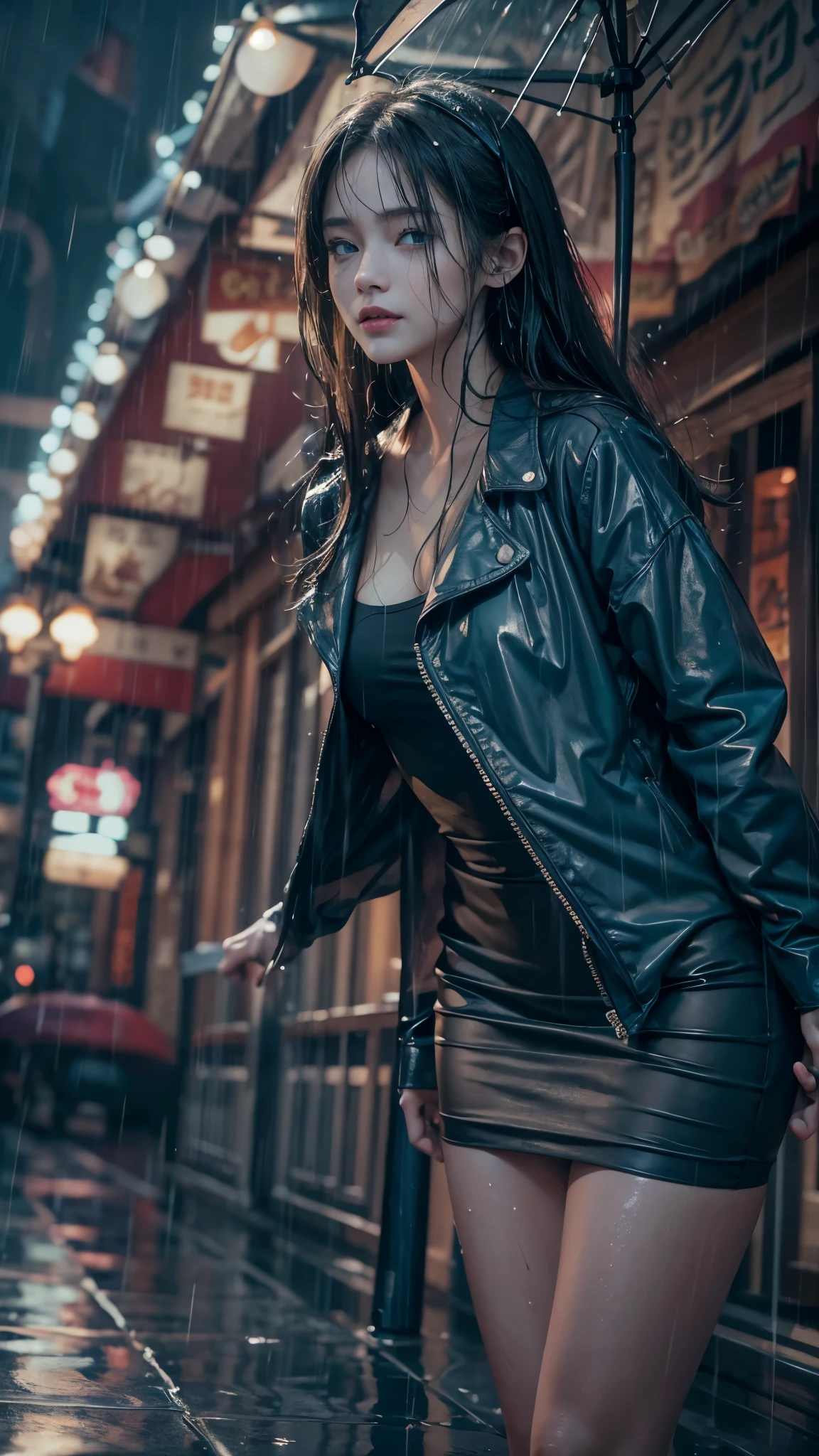 (RAW shooting, Photoreal:1.5, 8k, highest quality, masterpiece, ultra high resolution), perfect dynamic composition:1.2, street corner at night, look up at the sky:1.3, (((Typhoon heavy rain))), Highly detailed skin and facial textures:1.2, Slim high school girl wet in the rain:1.3, sexy beauty, perfect style:1.2, beautiful and aesthetic, Fair skin, very beautiful face, (rain drips all over my body:1.2, wet hair:1.3, Wet dress:1.2), water droplets on the skin, (Medium chest, Chest gap), (embarrassing smile, The expression on your face when you feel intense caress, Facial expression when feeling pleasure), (beautiful blue eyes, Eyes that feel beautiful eros:0.8), (Too erotic:0.9, Bewitching:0.9), Small Bag, cowboy shot, perfect limbs, perfect fingers