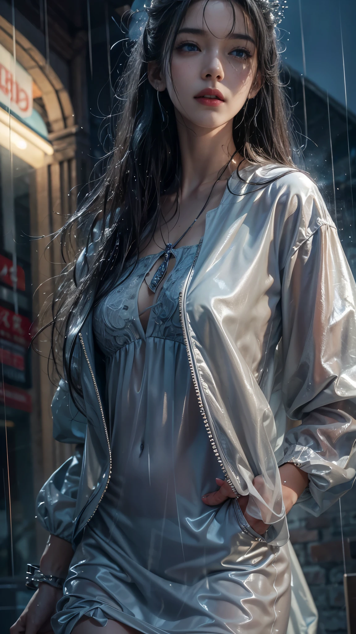 (RAW shooting, Photoreal:1.5, 8k, highest quality, masterpiece, ultra high resolution), perfect dynamic composition:1.2, street corner at night, look up at the sky:1.3, (((Typhoon heavy rain))), Highly detailed skin and facial textures:1.2, Slim high school girl wet in the rain:1.3, sexy beauty, perfect style:1.2, beautiful and aesthetic, Fair skin, very beautiful face, (rain drips all over my body:1.2, wet hair:1.3, Wet dress:1.2), water droplets on the skin, (Medium chest, Chest gap), (embarrassing smile, The expression on your face when you feel intense caress, Facial expression when feeling pleasure), (beautiful blue eyes, Eyes that feel beautiful eros:0.8), (Too erotic:0.9, Bewitching:0.9), Small Bag, cowboy shot, perfect limbs, perfect fingers