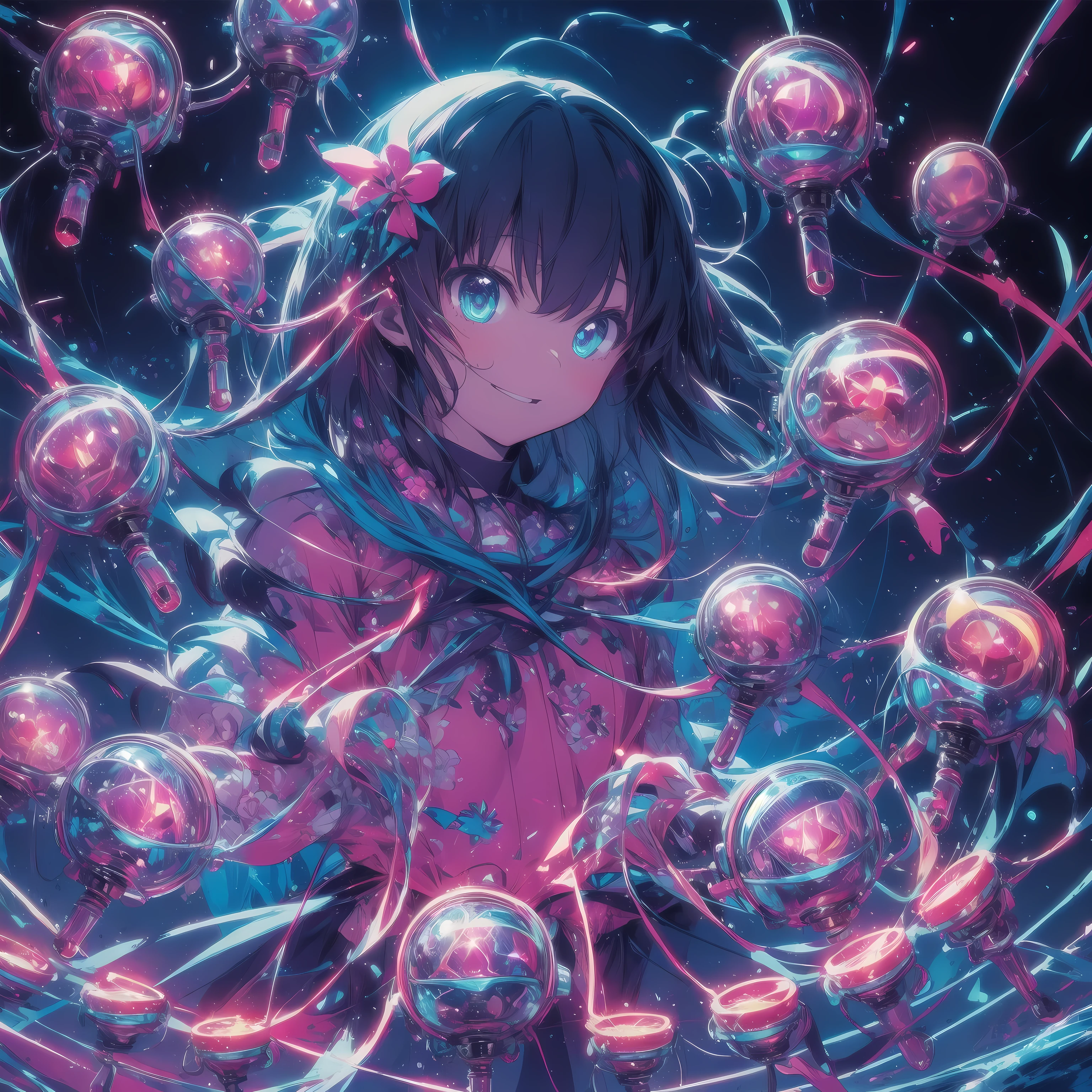 bioluminescent colors、６girl playing a series of castanets、raging castanets、chaos、tap、Dynamic energy、neon、cyber-、Synth is a wave、anime illustration