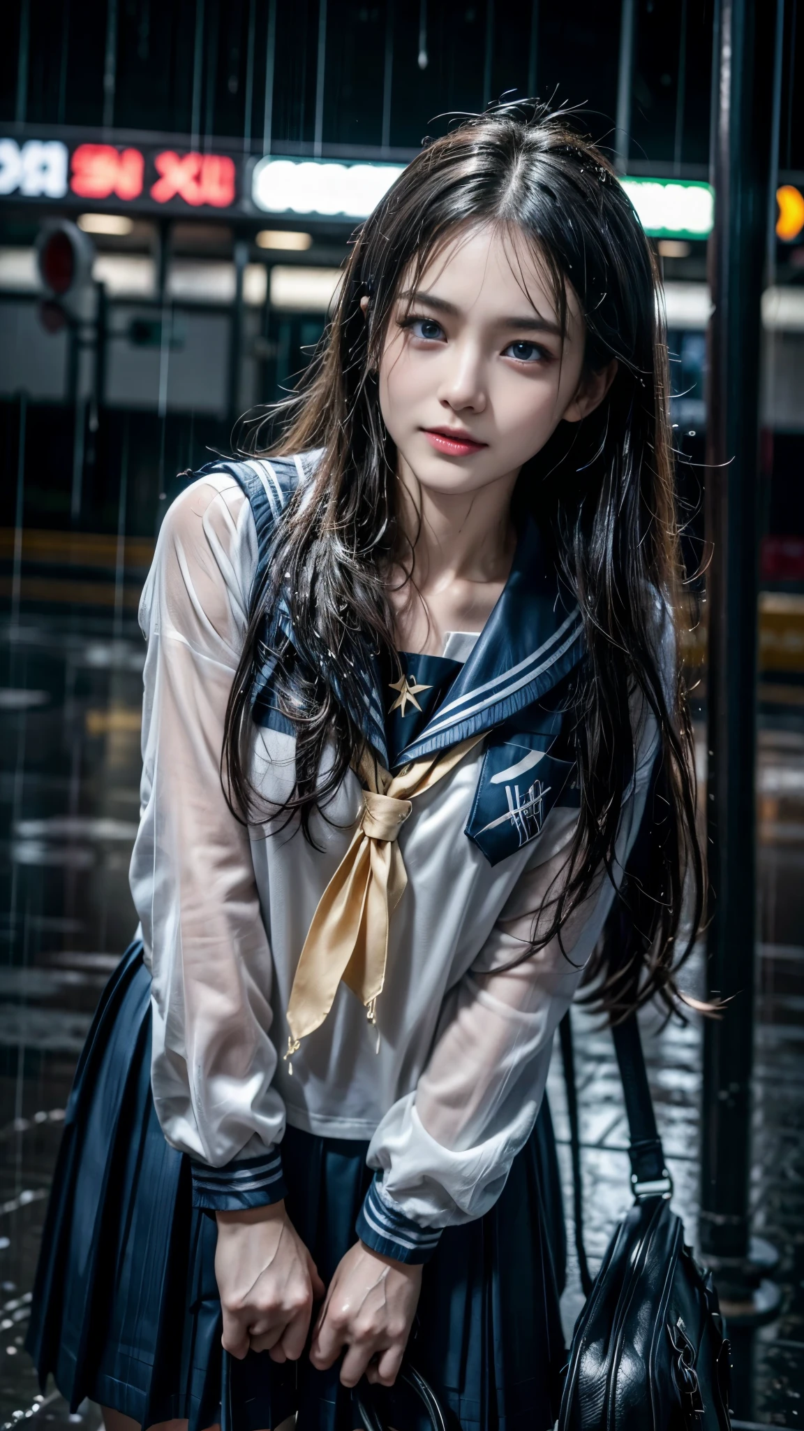 (RAW shooting, Photoreal:1.5, 8k, highest quality, masterpiece, ultra high resolution), perfect dynamic composition:1.2, street corner at night, look up at the sky:1.3, (((Typhoon heavy rain))), Highly detailed skin and facial textures:1.2, Slim high school girl wet in the rain:1.3, sexy beauty, perfect style:1.2, beautiful and aesthetic, Fair skin, very beautiful face, (rain drips all over my body:1.2, wet hair:1.4, wet uniform:1.2), water droplets on the skin, (Medium chest, Chest gap), (embarrassing smile, The expression on your face when you feel intense caress, Facial expression when feeling pleasure), (beautiful blue eyes, Eyes that feel beautiful eros:0.8), (Too erotic:0.9, Bewitching:0.9), cowboy shot, student bag, perfect limbs, perfect fingers