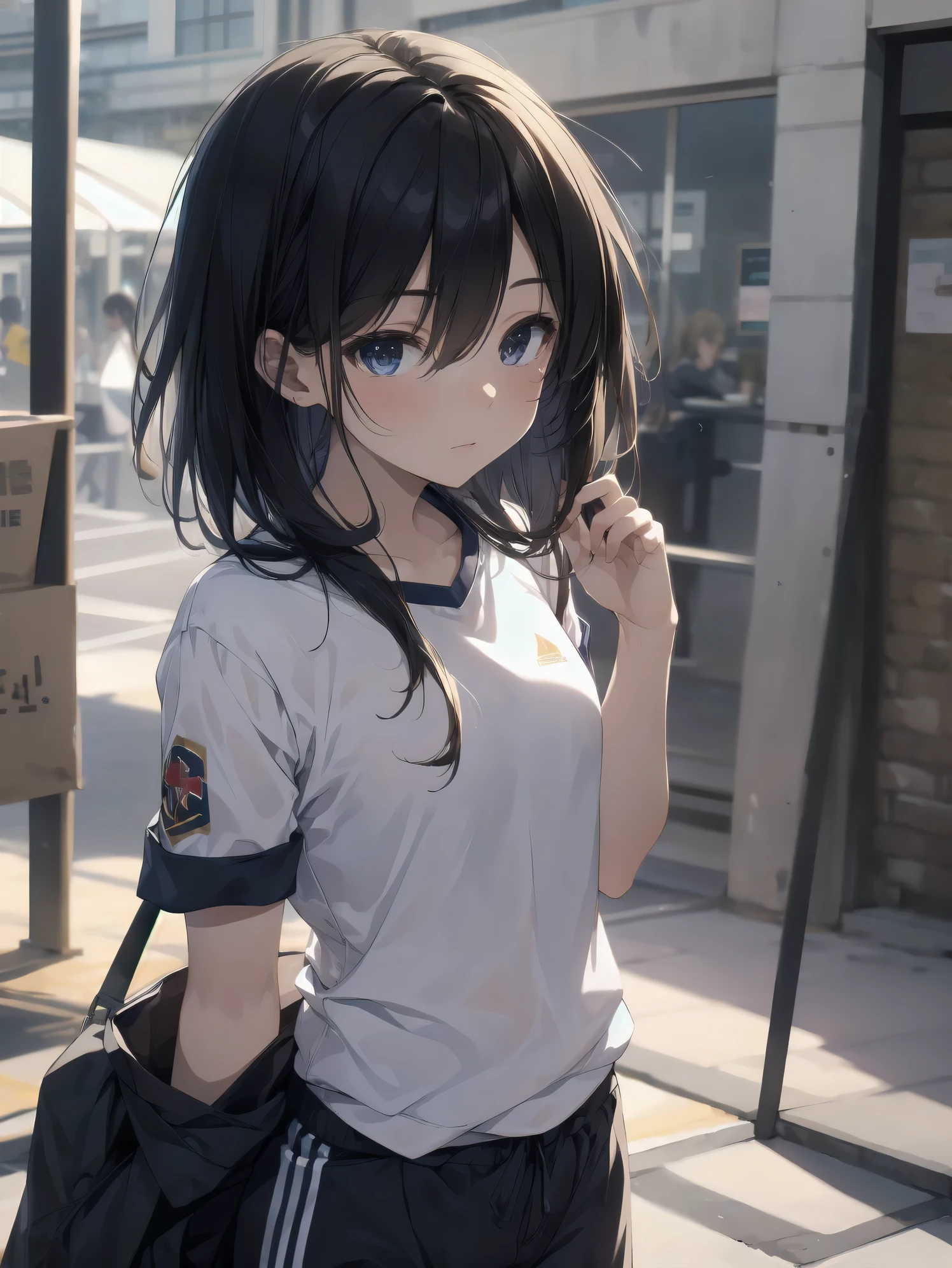 Super absurd quality by the god of art, super detailed, High resolution, anime moe art style, Best Anime 8K Kona-chan Wallpaper, pixiv contest winner, perfect anatomy, break,cowboy shot,(Please draw a girl in Gym suit walking. )break,1 girl, (alone,little woman, beauty face,:1.3),All limbs, full finger,, The charm of an immature body, (very_short hair), boyish short cut, bangs,flat chest, small ass, between legs, small eyes, small black eyes, detailed and beautiful eyes, Well-proportioned iris and pupils, expressive eyes, High resolutionの詳細な髪, shirt, gym shirt, short sleeve, Gym suit, track uniform, short shorts, (detailed lighting), (detailed background), Inside the school. break,super dense skin, Best cinematic lighting powered by famous artist, 8k,Beauty Illustration,photoshop_(Moderate),Absurd Hi-Res,Hmm,rough skin,break,((artist:dark black,)) artist:Courges_ace , artist:mitsumi misato,artist:akinashi yuu