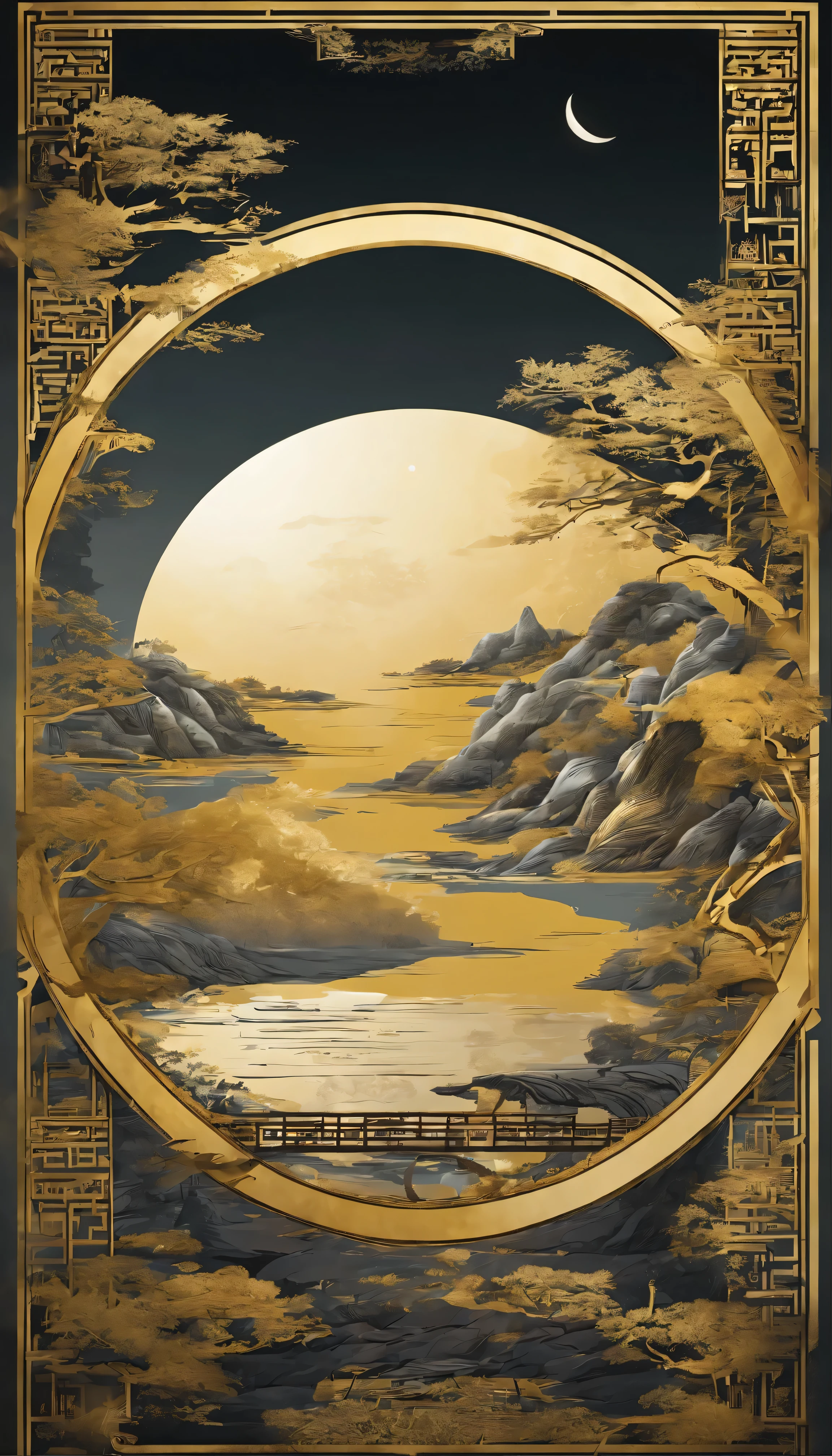 unmanned , Outdoor sports , night , Dream ,( dense teeth :1.4), full moon , Mountain , river , golden branch , Sky , golden decoration ,
( Minimalism :1.4), Chinese classical art , 黄长上Mountain , poster , Minimalism背景 ,3d, clean screen ,
best quality , perfect lighting , masterpiece , official art ,8k, wallpar file huge , File size is large , super detailed , Overclocked renderer ,
Symmetric shopping ,