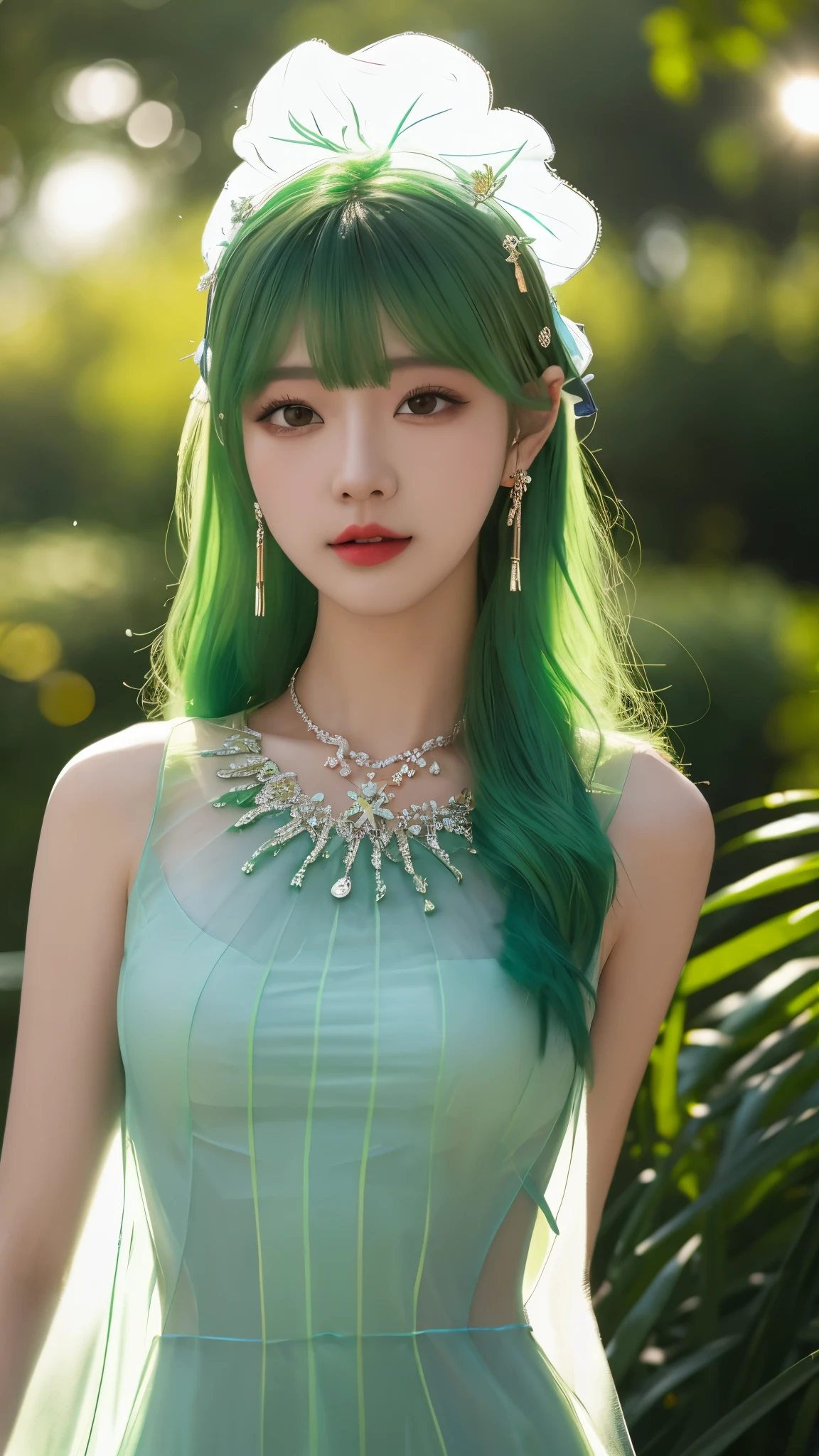 Top Quality, Masterpiece, High Resolution, 1girl, Cheongsam, very long hair, Hair Ornament, Necklace, Jewelry, Beautiful Face, upon_body, Tyndall Effect, Rim Lighting, Two-Tone Lighting, (High Detail Skin: 1.2), 8K UHD, DSLR, Soft Lighting, High Quality, Volumetric Lighting, Candid, Photography, High Resolution, 4K, 8K, Bokeh, magenta Hair, (Transparent dress:1.4), magenta dress, in the park,
