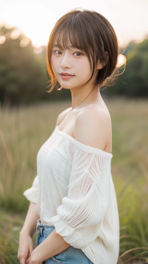(8k、RAW photo、highest quality)、(realistic、Photoreal:1.37)、beautiful and detailed face、Face Detail Textures、Fine and beautiful skin、skin texture、超A high resolution、white off shoulder blouse、denim mini skirt、photographed from a distance、Full body shot、Shooting up to the toes、美しいjapanese woman、エレガントなyoungjapanese woman、美しいyoung女性と、Asian、japanese woman、Beautiful Asian Girl Ever、young、adorable、Ulzzang、cute face of girl、Portrait of a female idol in Japan、very beautiful girl、Sunset meadow、Backlight