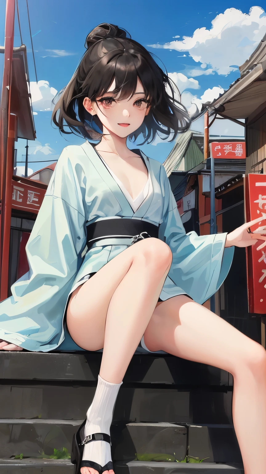 young girl　black hair　short hair　red eyes　irreverent face　look down　thin body　thin thighs　small breasts　small ass　toned body　blue sky　cloud　hair blowing in the wind　high quality　High resolution　8K sitting　vampire　watercolor　natural feel　Asakusa　freckleartial arts　((最high quality)), ((masterpiece)), (become familiar with), look at me and smile,　red light district　kimono