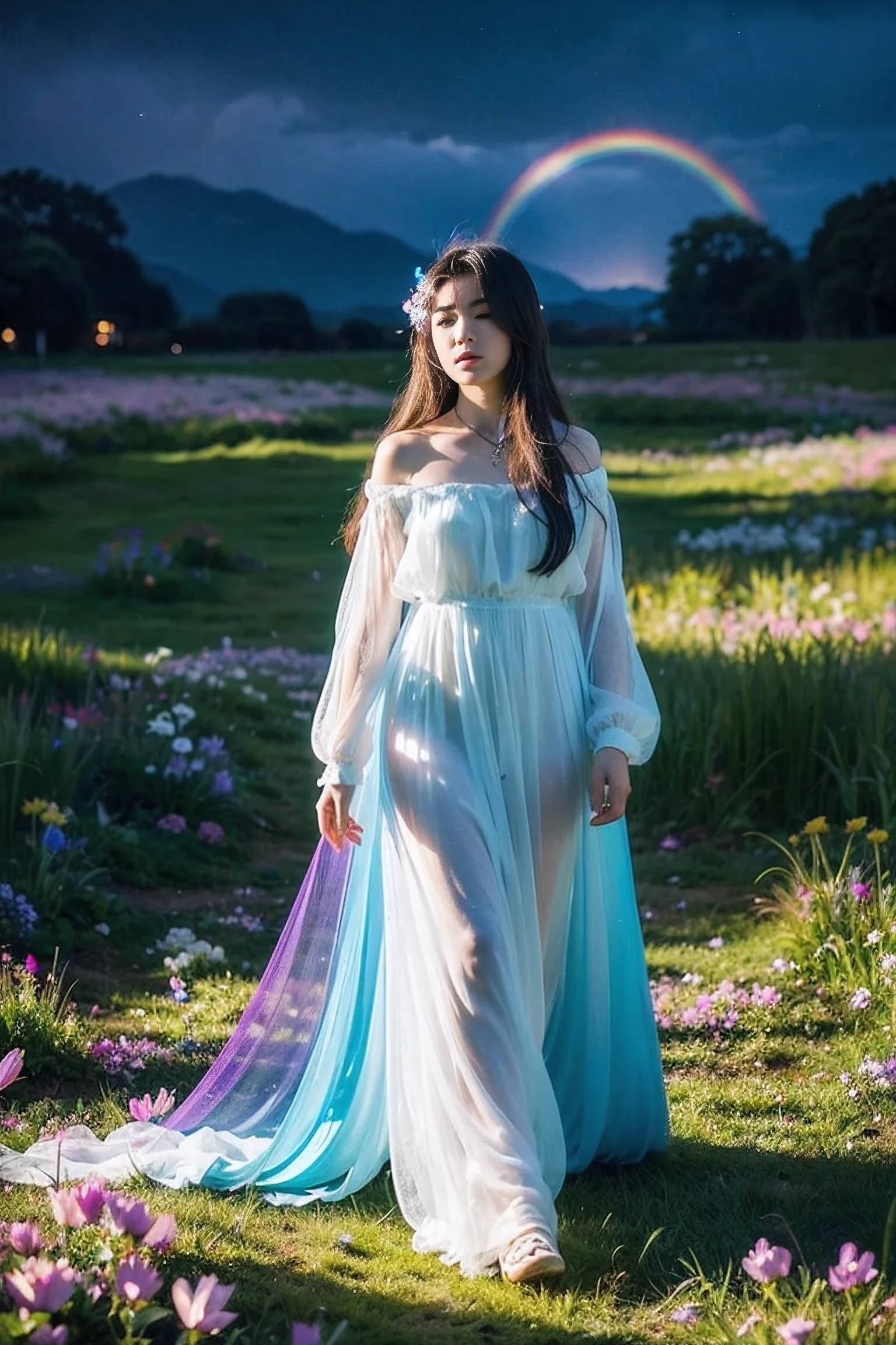 Realistic photography, 8k ,A beautiful and magical elemental girl with long flowing hair., Ethereal spiritual clothing, Walking through a field of crystal flowers amidst the dark rainbow moonlight, the flowers glowed brightly.