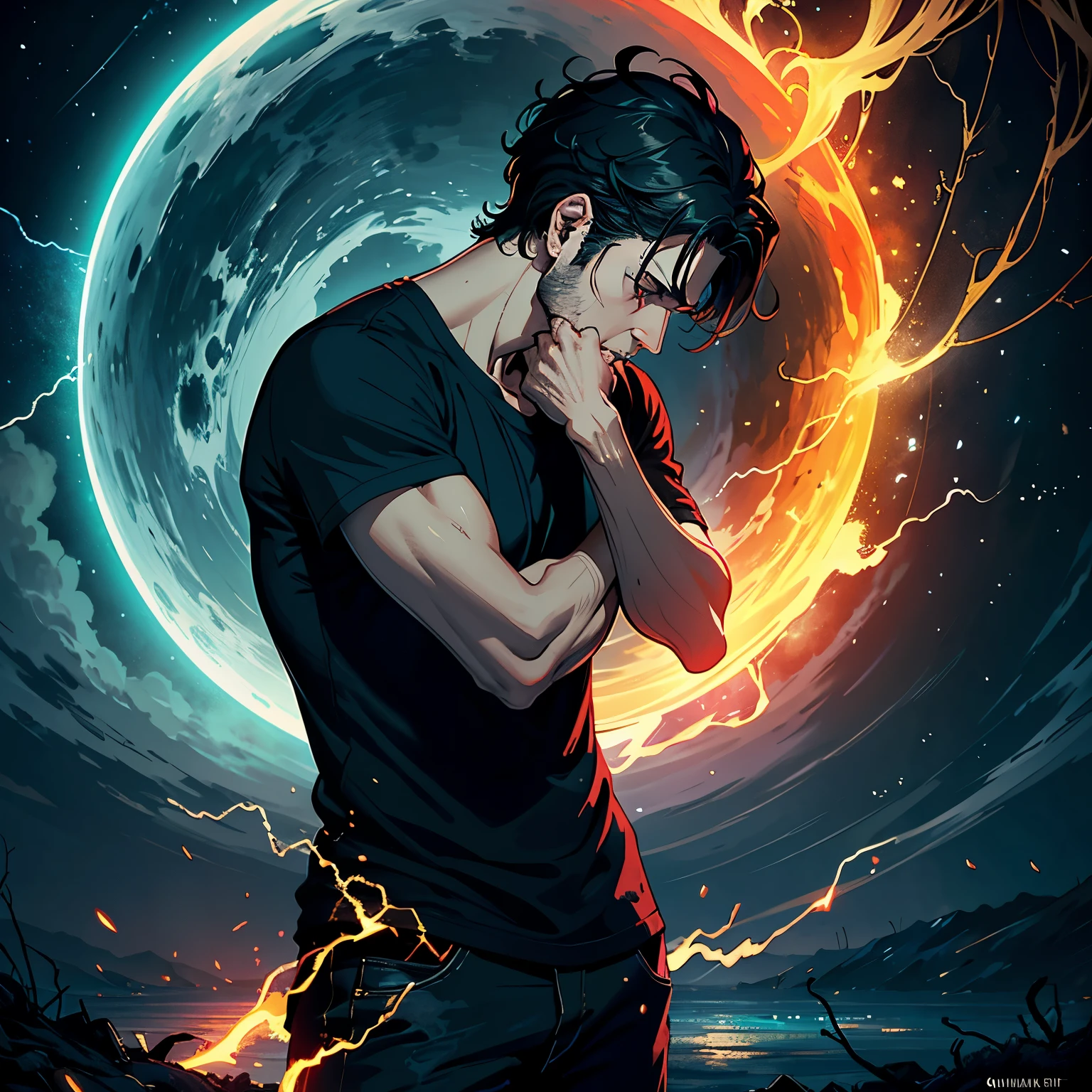 In the core of his being, a silent storm rages on, a tumultuous melange of stress and agony, entwined like gnarled vines. Amidst the cacophony, a steadfast flame ignites, illuminating the labyrinth of his soul and propelling him through the darkest hours, towards the beacon of a brighter sunrise. This masterpiece, rendered in photographic realism, is a testament to the human spirit's tenacity, a poignant depiction of resilience and hope.
High quality, 1 man, introspective, brooding, (deep, thoughtful expression), (shirtsleeve rolled up