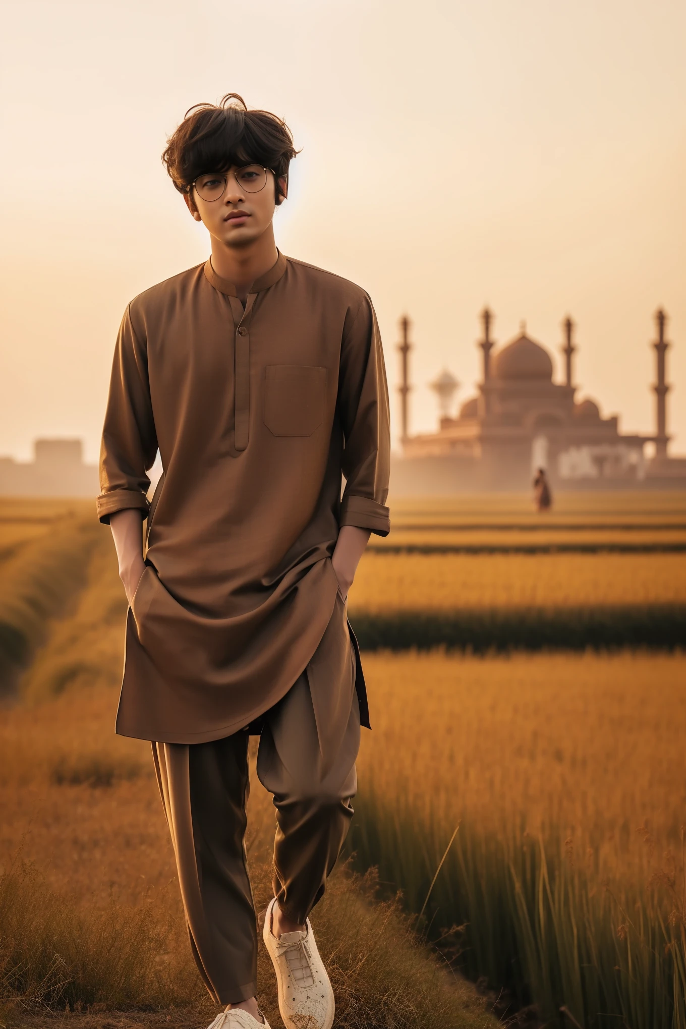arafed man in a brown outfit standing in a field, wearing a kurta, wearing a silk kurta, dressed thobe, dressed in a jodhpuri suit, portrait shot, inspired by Abdur Rahman Chughtai, inspired by Basuki Abdullah, mid shot portrait, indian style, by Basuki Abdullah, khyzyl saleem
