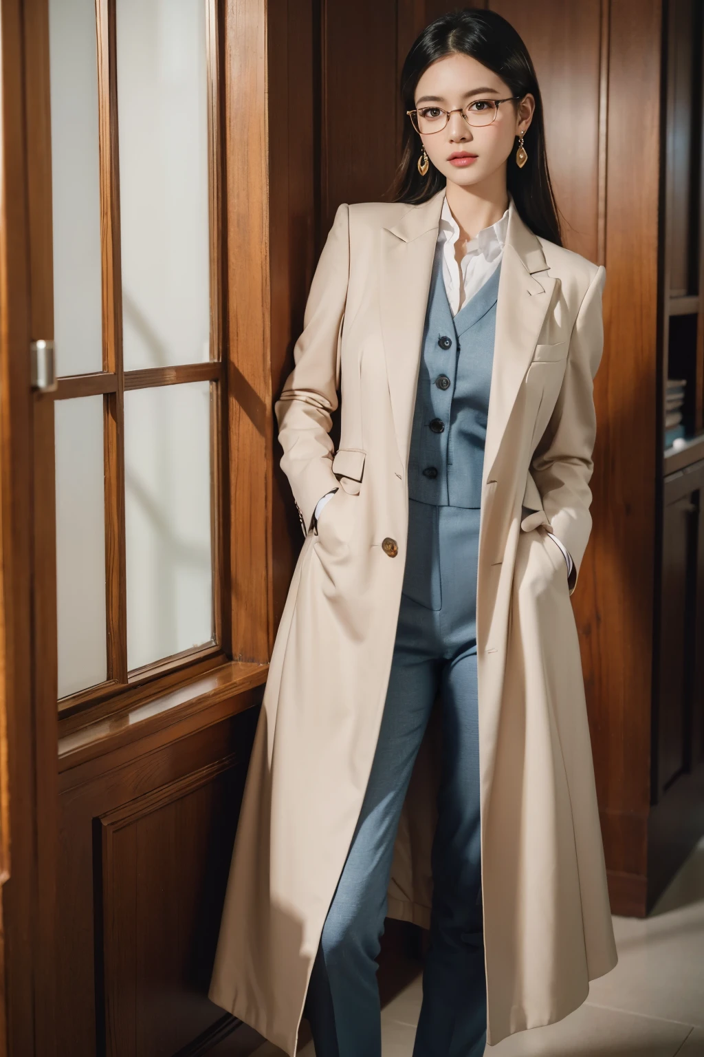 (super detailed, 8k, RAW photo, highest quality), High-definition RAW color photo, professional photos, (realistic, photo-realistic:1.37),Supermodel, 23 years old、 ((In a well-tailored suit)), With a pair of slim heels, Show elegance and confidence, office,computer、eyes staring at the camera,shortcut、 rimmed glasses, long eyelashes, amber eyes, crystal earrings, parted lips,