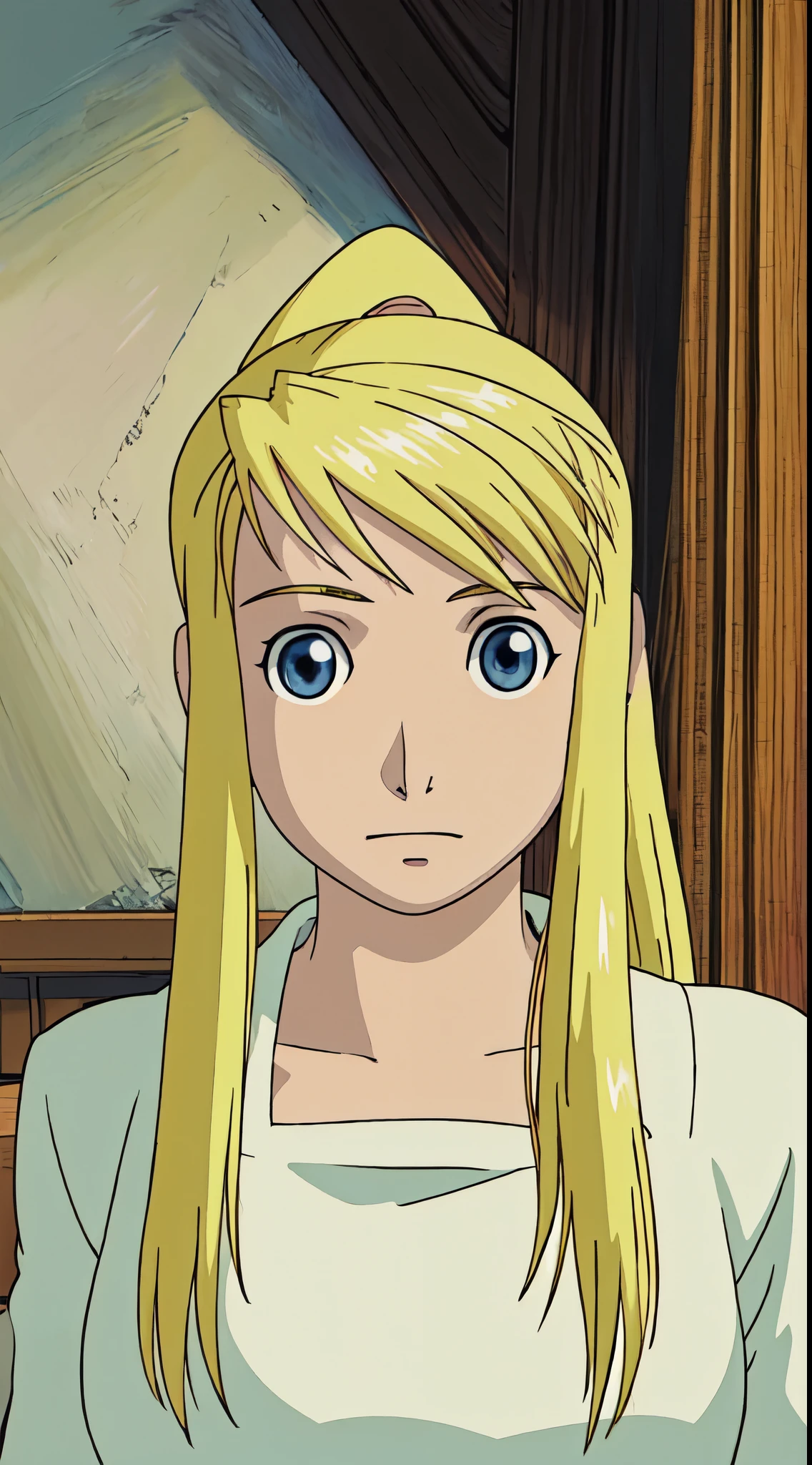 masterpiece, best quality, illustration, 1girl, solo, looking at viewer, upper body, , anime coloring, , winry_rockbell, blonde hair, blue eyes, ponytail