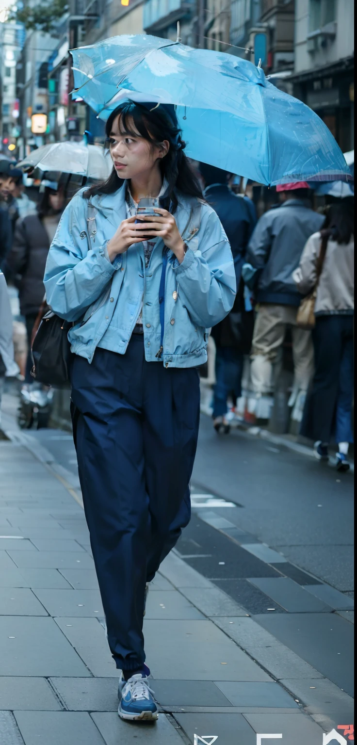 there is a woman walking down the street holding an umbrella, Vintage footage of the streets of Tokyo, a woman walking, wearing blue jacket, wearing blue jacket, She is holding a smartphone, lofi girl aesthetics, On a street in Tokyo, Japanese urban street fashion, Wear long, flowing clothes, Check her phone, woman wearing street clothes, still from music video